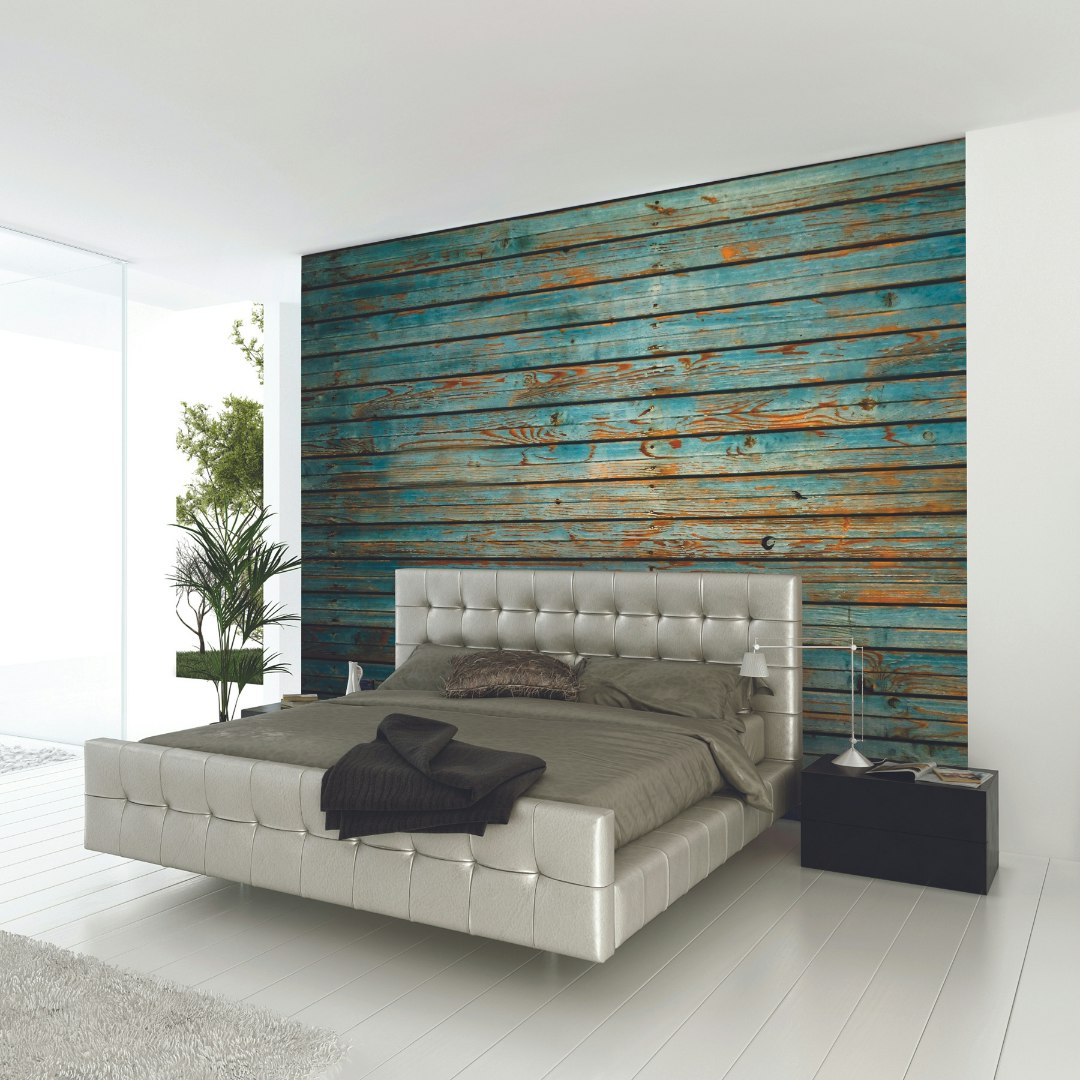 Origin Murals Blue Rustic Wood Effect Wall Mural - Large - W350cm X H280cm