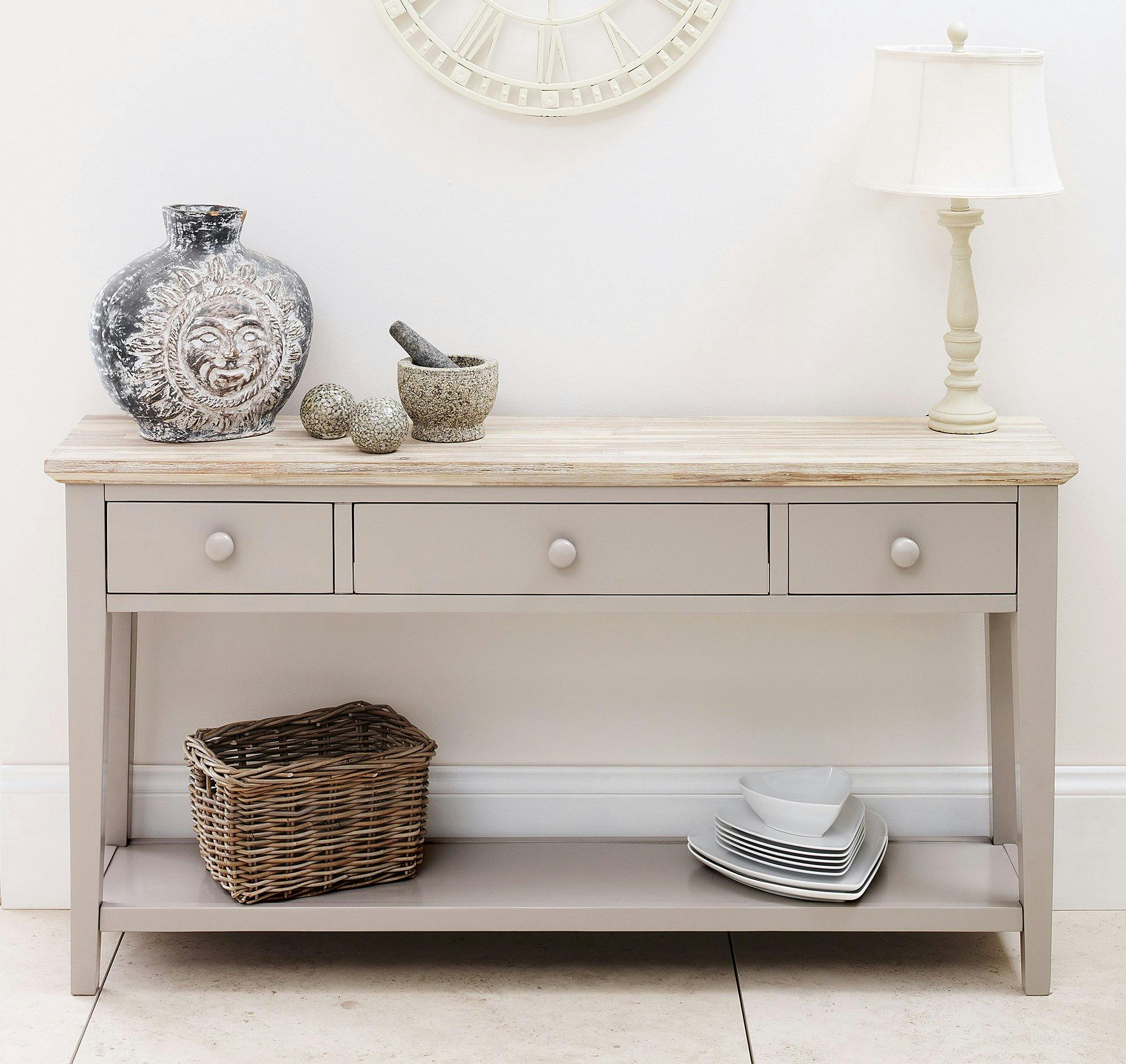 Rackhams Beige Florence Console Table With 3 Drawers And Shelf. Hallway Slimline Storage - Truffle,