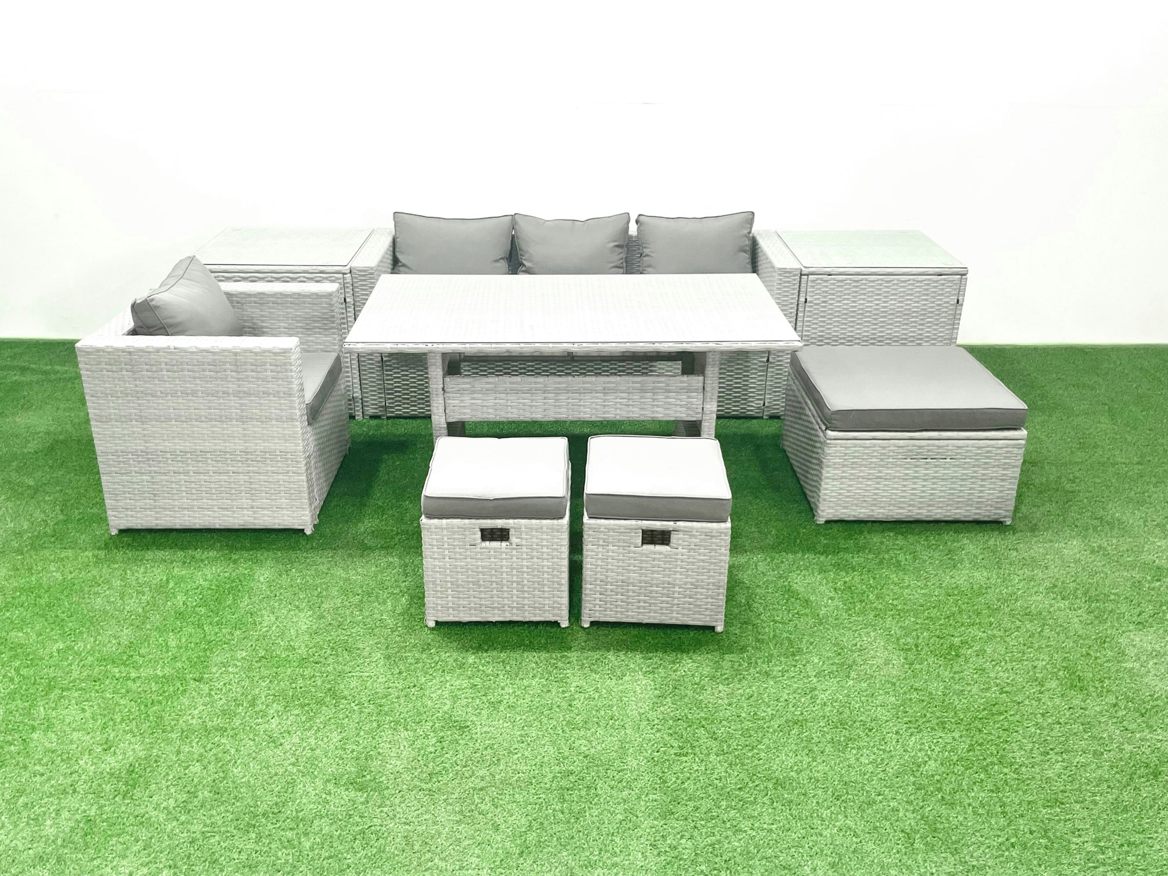 Fimous Light/Grey Rattan Garden Furniture Dining Set 7 Seater Lounge Sofa Chair Dining Table Set With 3 Footstools 2 Side Tables Mixed