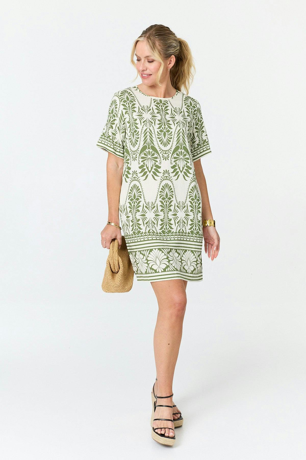 Izabel London Green Printed 1/2 Sleeve Short Shift Dress - 12