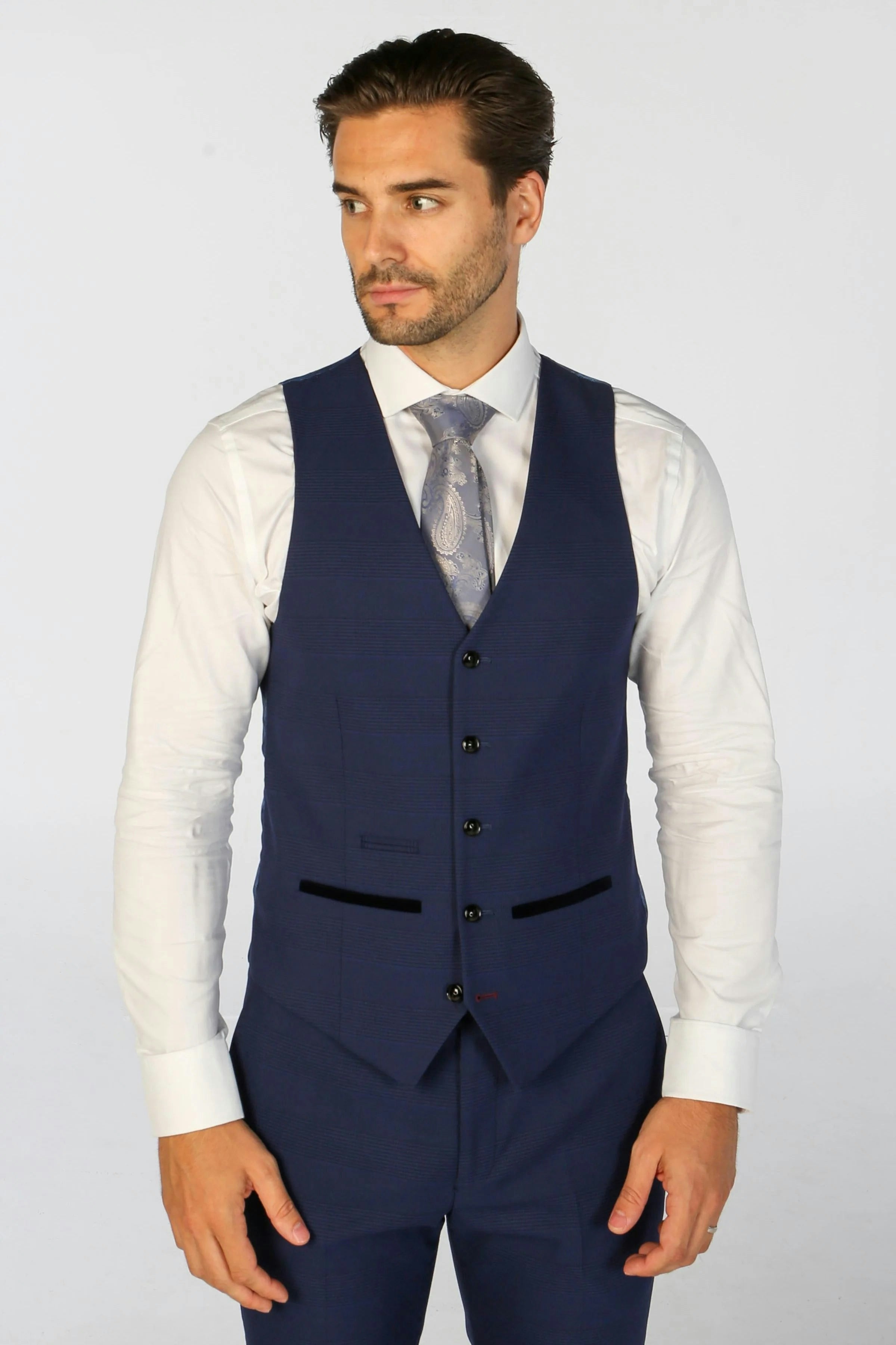 Paul Andrew Men's Blue Mark - Navy Checked Tailored Fit Waistcoat - 44