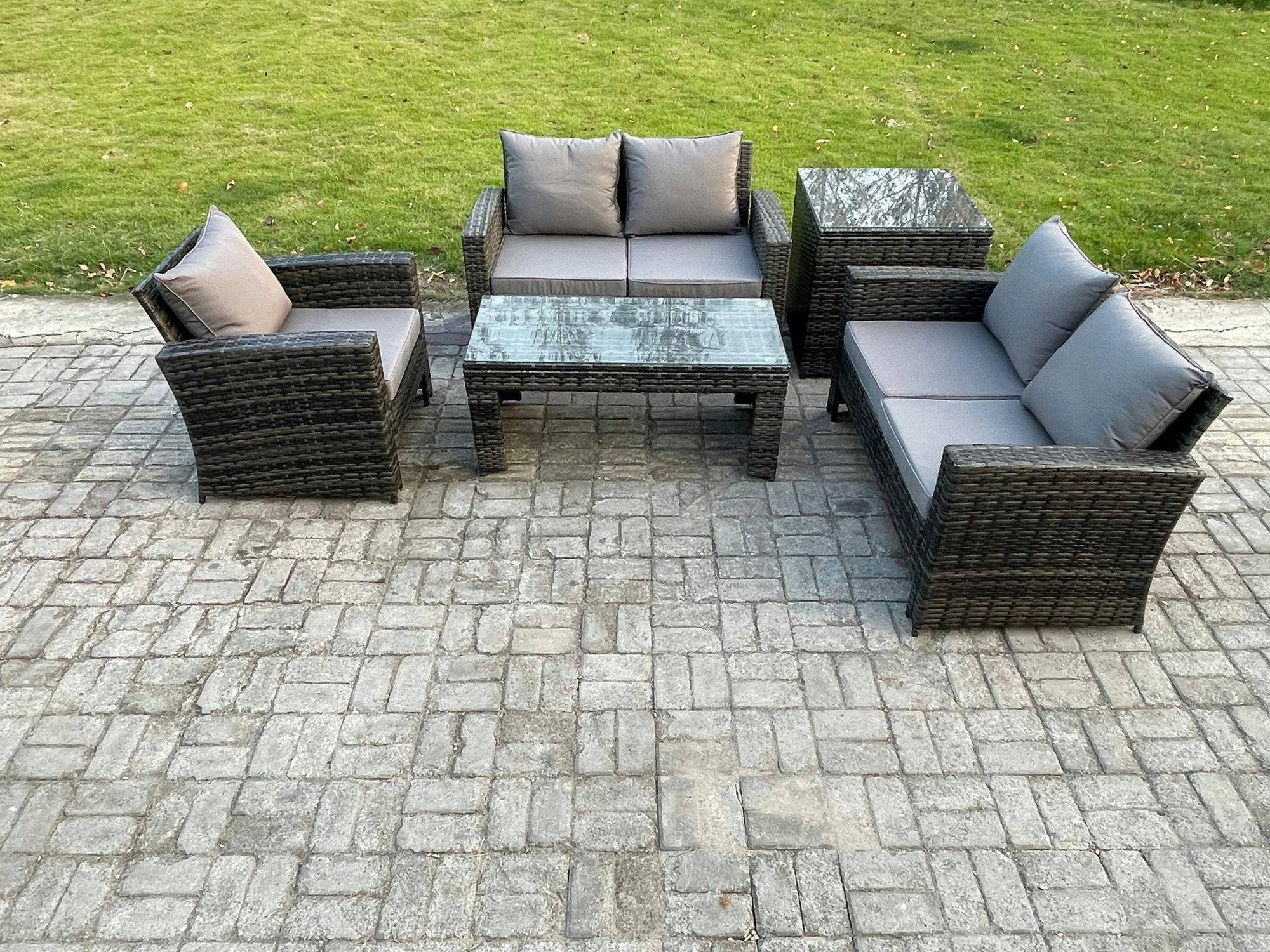 Fimous Dark/Grey 5Pcs Rattan Outdoor Garden Furniture Sofa Set With Coffee Table Side Table Mixed