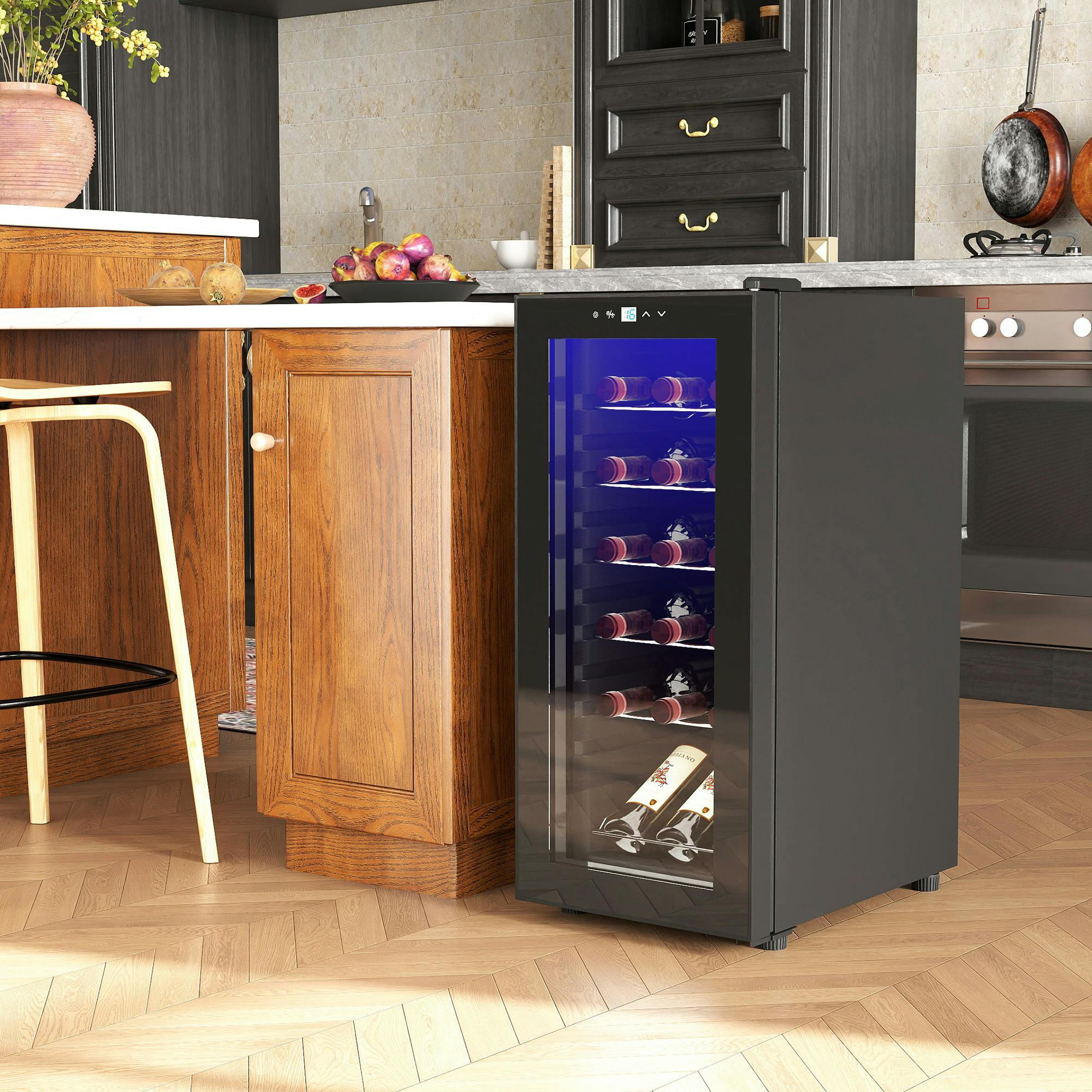 HOMCOM 50L Wine Cooler 18 Bottles 5-18° Freestanding Wine Fridge Black | Glass Door, LED Light, Temperature Control, Digital Touch Screen - Image 4