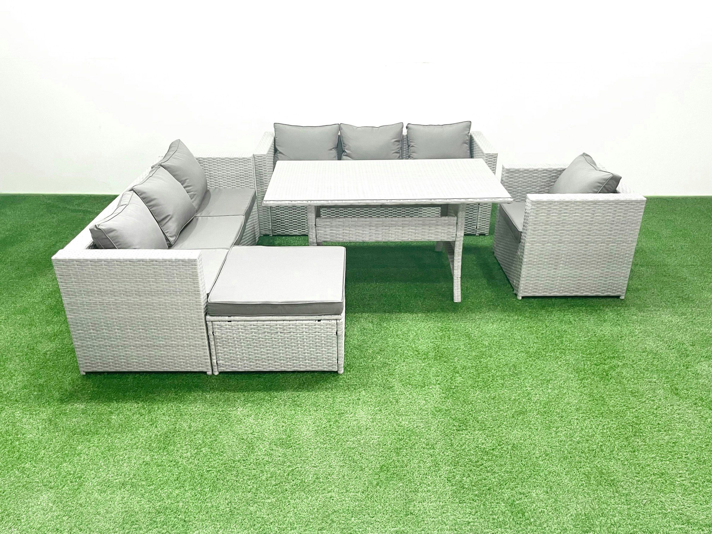 Fimous Light/Grey/Dark 5 Pieces Outdoor Rattan Sofa Set With Cushions Patio Garden Furniture Sets With Armchair Dining Table Big Footstool