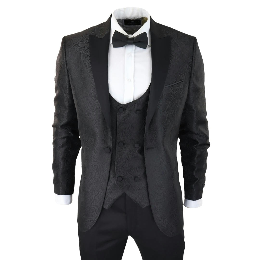 Truclothing Men's Black Stz62 - Paisley Tuxedo Blazer And Waistcoat Dinner Jacket Satin - 48
