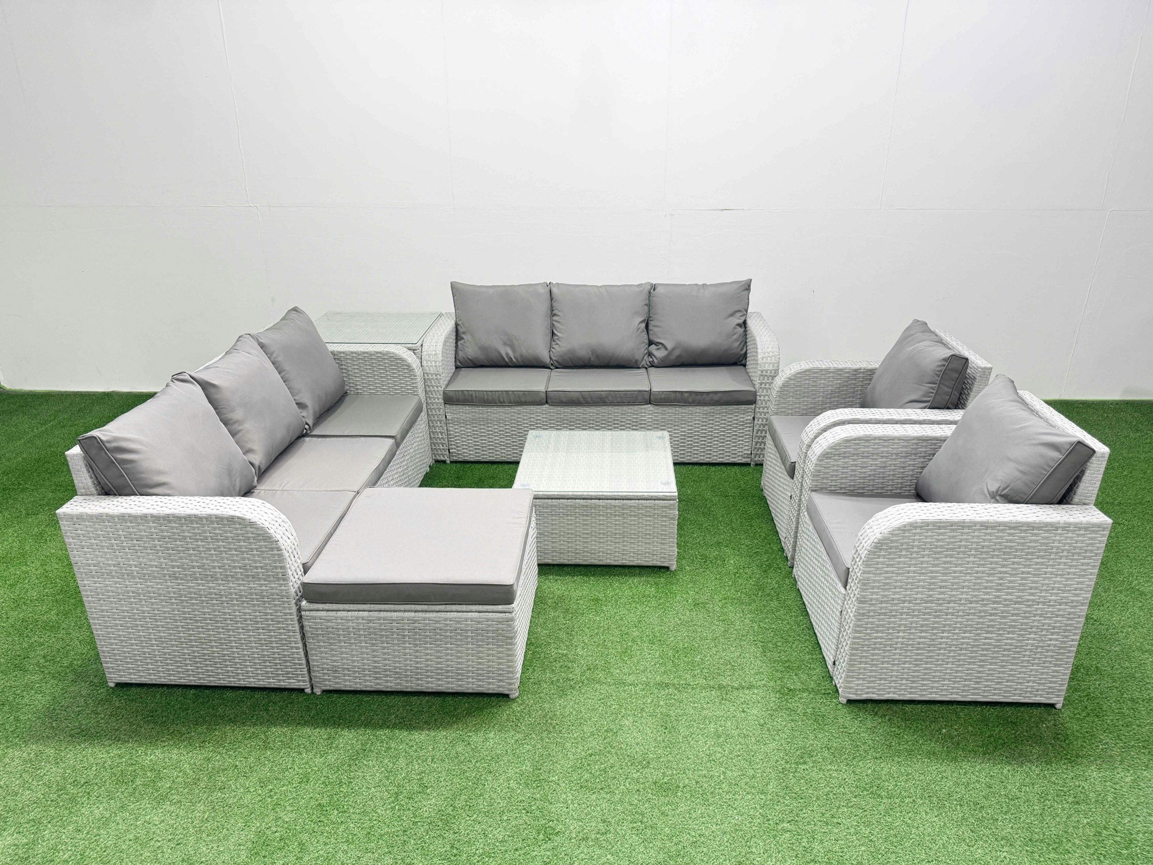 Rackhams Light/Grey Rattan High Back Lounge Sofa Set Patio Square Coffee Table & Chairs Set With 3 Seater Sofa Reclining Chair Big Footstool Side Table