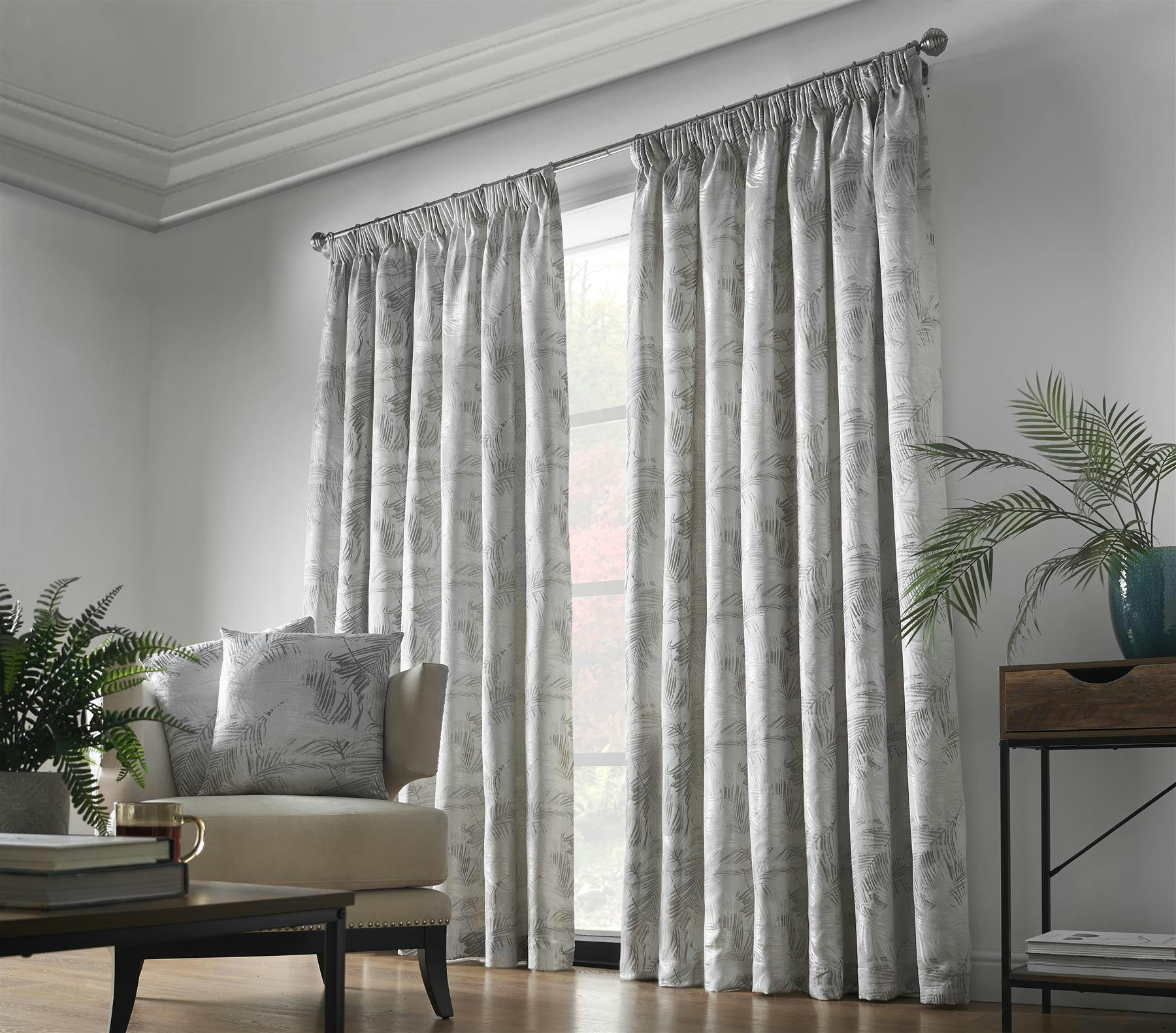 Rackhams Light Luxury Fern Jacquard Pencil Pleat Taped Top Ready Made Curtains - 168Cm Width X 183Cm Drop