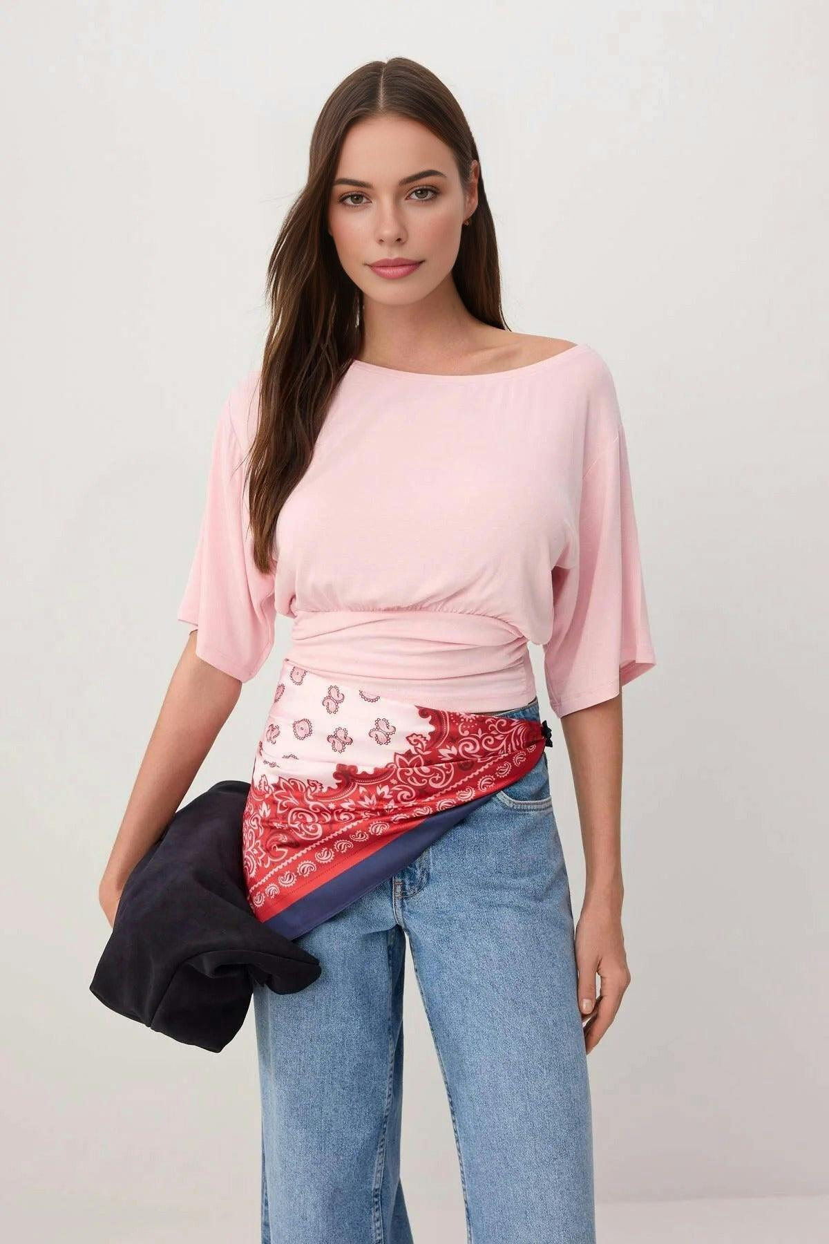 Wovcor Pink Asymmetric Neck Regular Fit Soft Touch Knit Blouse - Xs