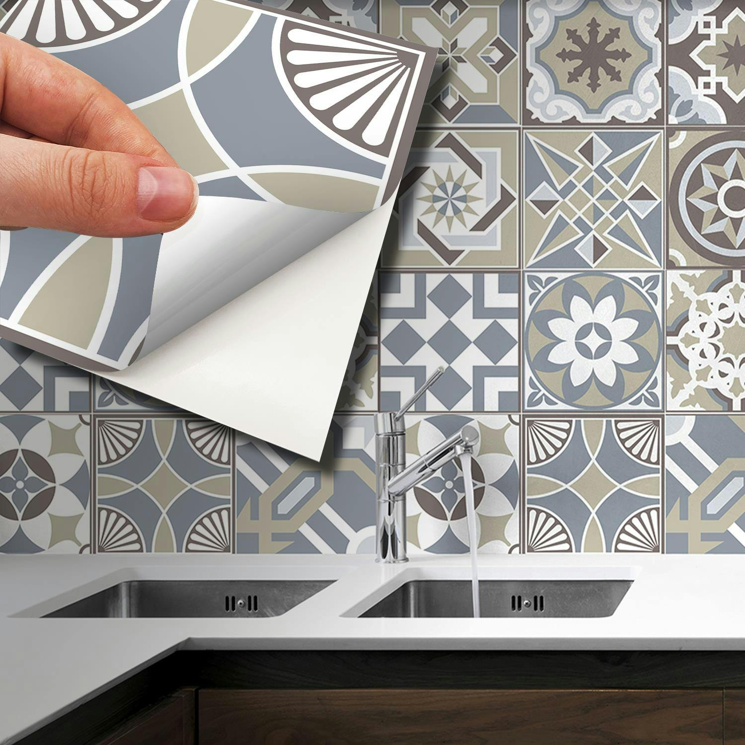 Walplus Blue/White Wt1502 - Limestone Spanish Tiles Wall Stickers - 15 Cm X 15 Cm - 24 Pcs.
