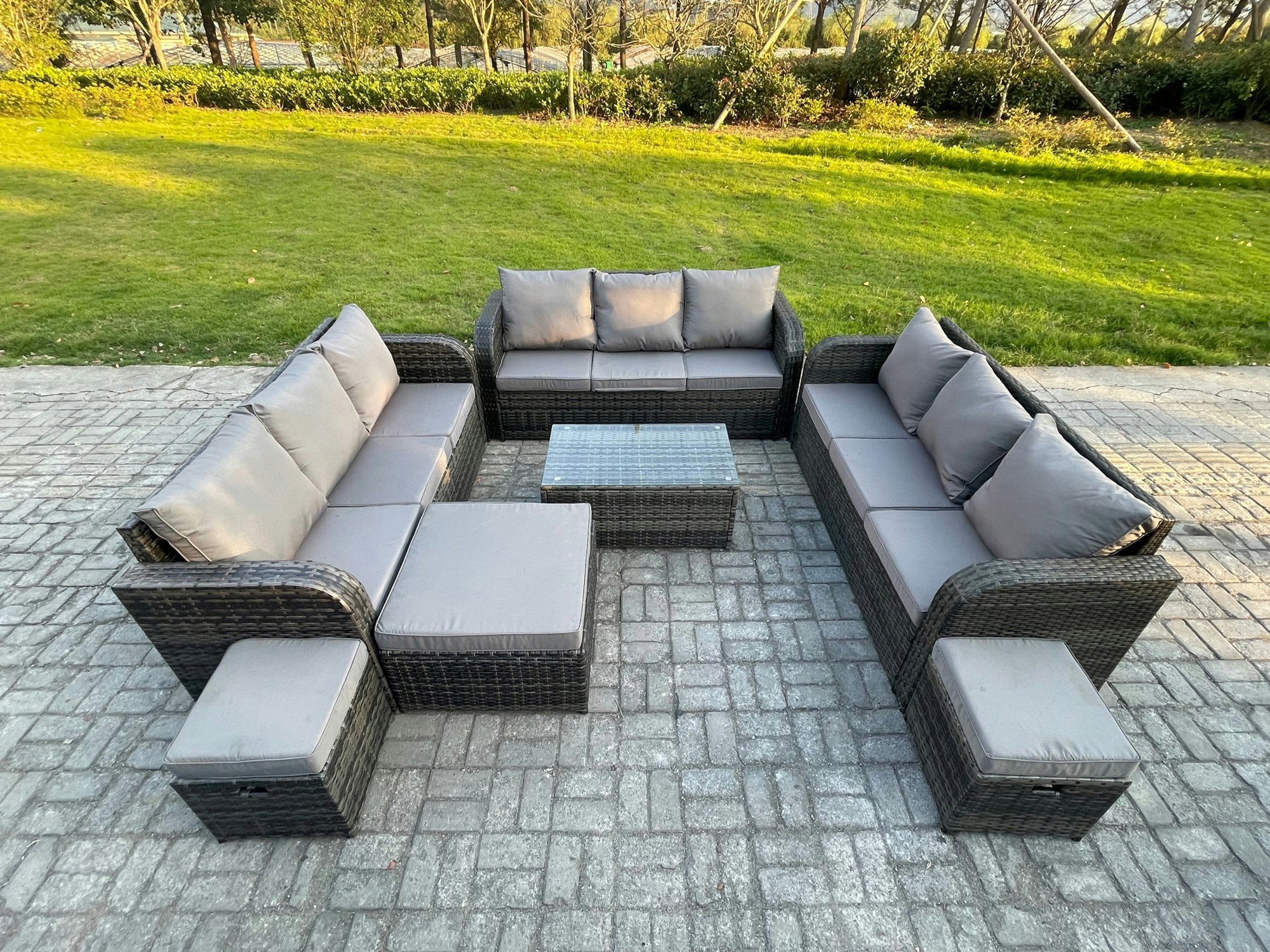 Fimous Dark/Grey Rattan Lounge Sofa Set 12 Seater Outdoor Garden Furniture Set With Rectangular Coffee Table 3 Seater Sofa 3 Footstools Mixed
