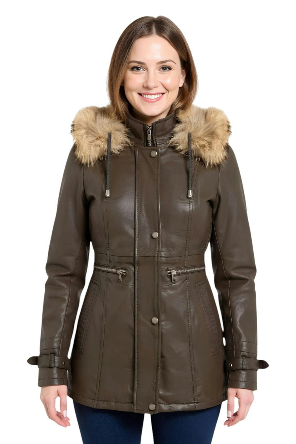 Infinity Leather Women's Brown Leather Hooded Parka Jacket-Putian - Uk 5XL/24 | Eu 50 | Us 20