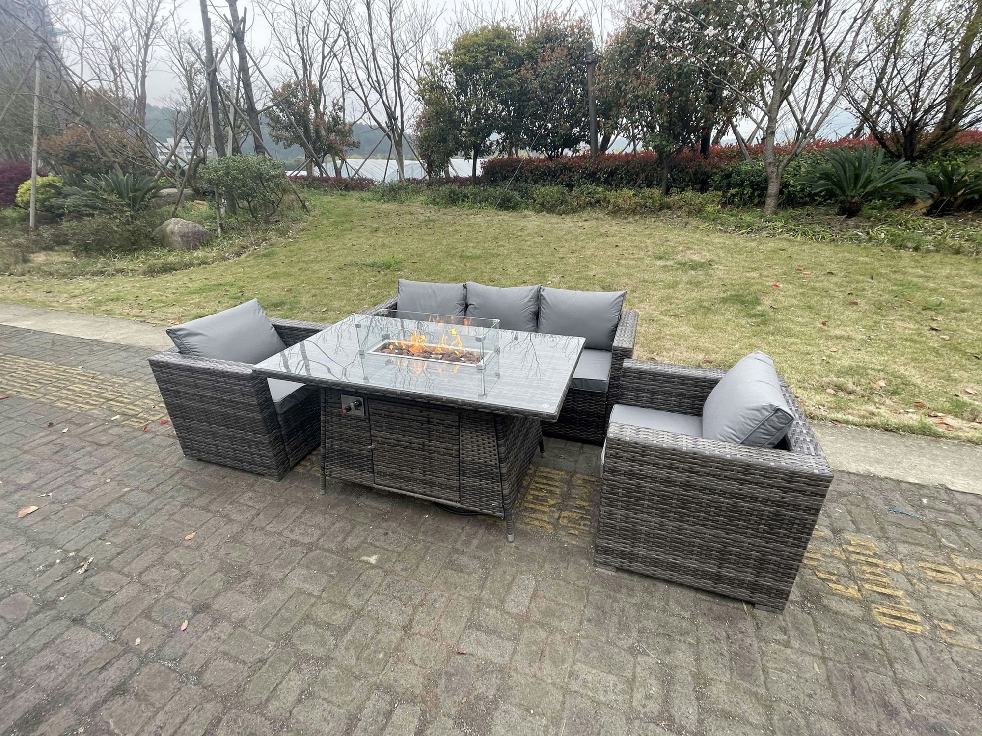Fimous Dark/Grey 5 Seater Outdoor Pe Rattan Garden Furniture Gas Fire Pit Dining Table Lounge Sofa 2 Pc Armchairs Mixed Patio