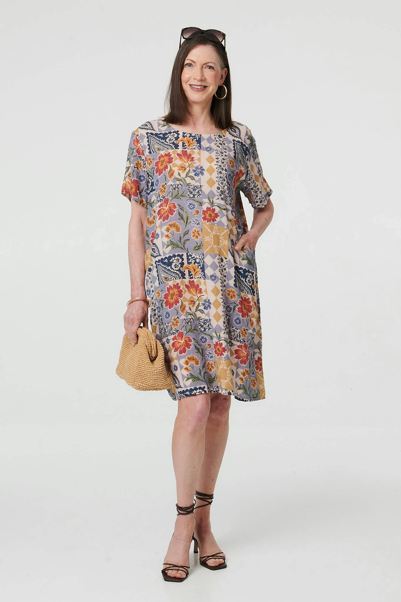Izabel London Blue Floral Patchwork Knee Length Shift Dress - 8