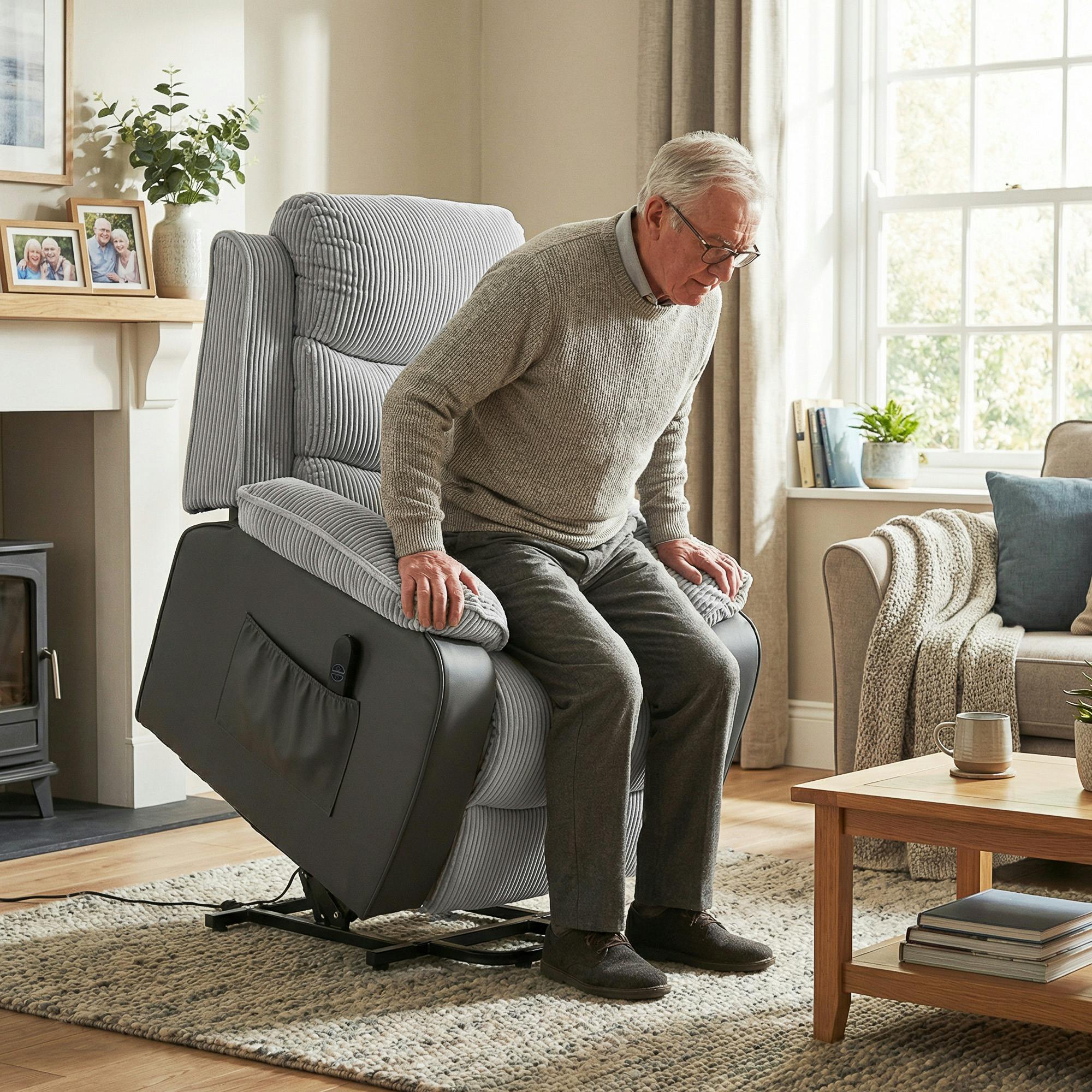 Homcom Light/Grey Power Lift Riser Recliner Chair With High Back, Remote, - Steel - Corduroy