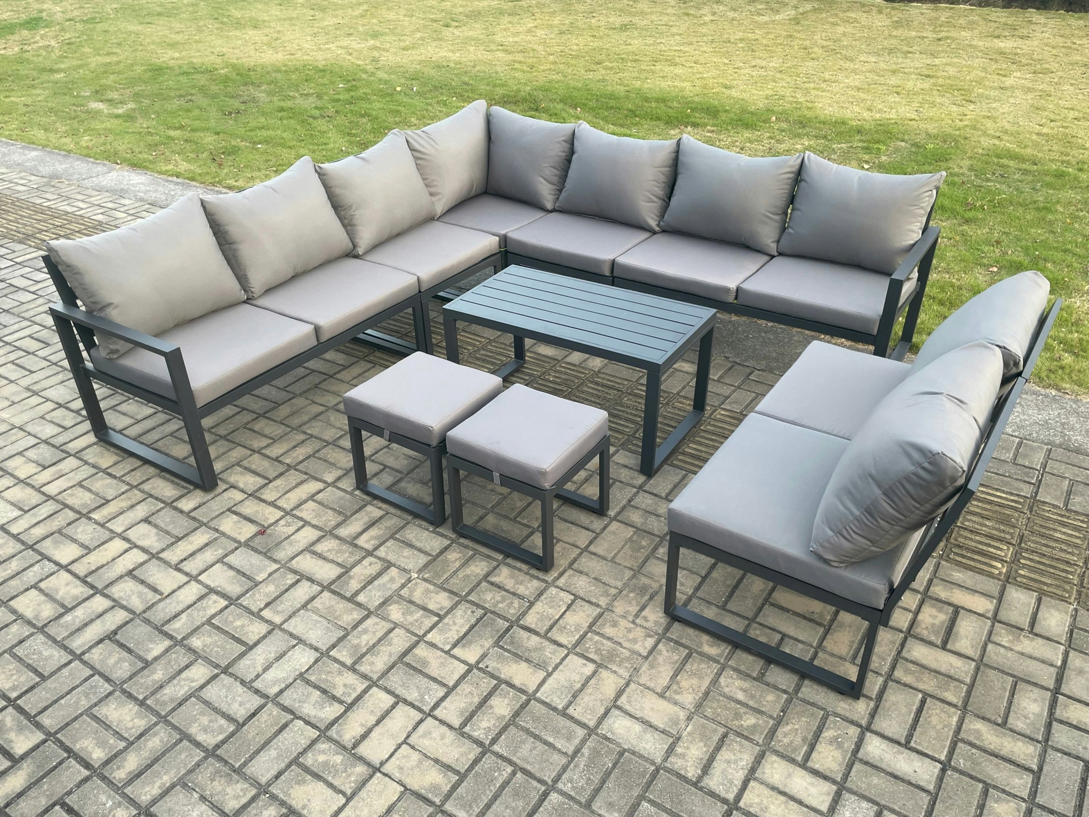 Fimous Dark/Grey Aluminium 11 Seater Patio Outdoor Garden Furniture Lounge Corner Sofa Set With Oblong Coffee Table With 2 Small Footstools