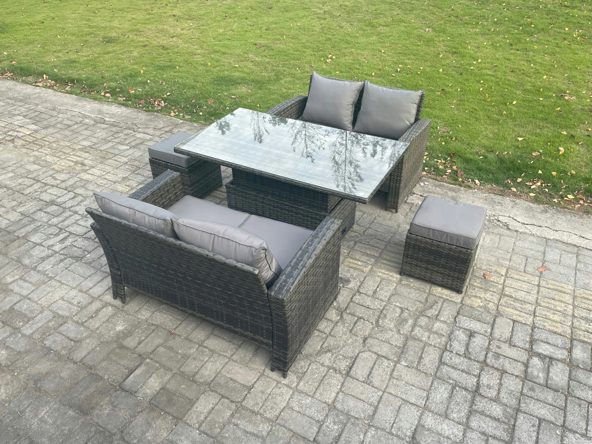 Fimous Dark/Grey 5 Pieces Garden Furniture Sets Poly Rattan Outdoor Patio Height Adjustable Rising Lifting Table Sofa Dining Set With 2 Small Footstools