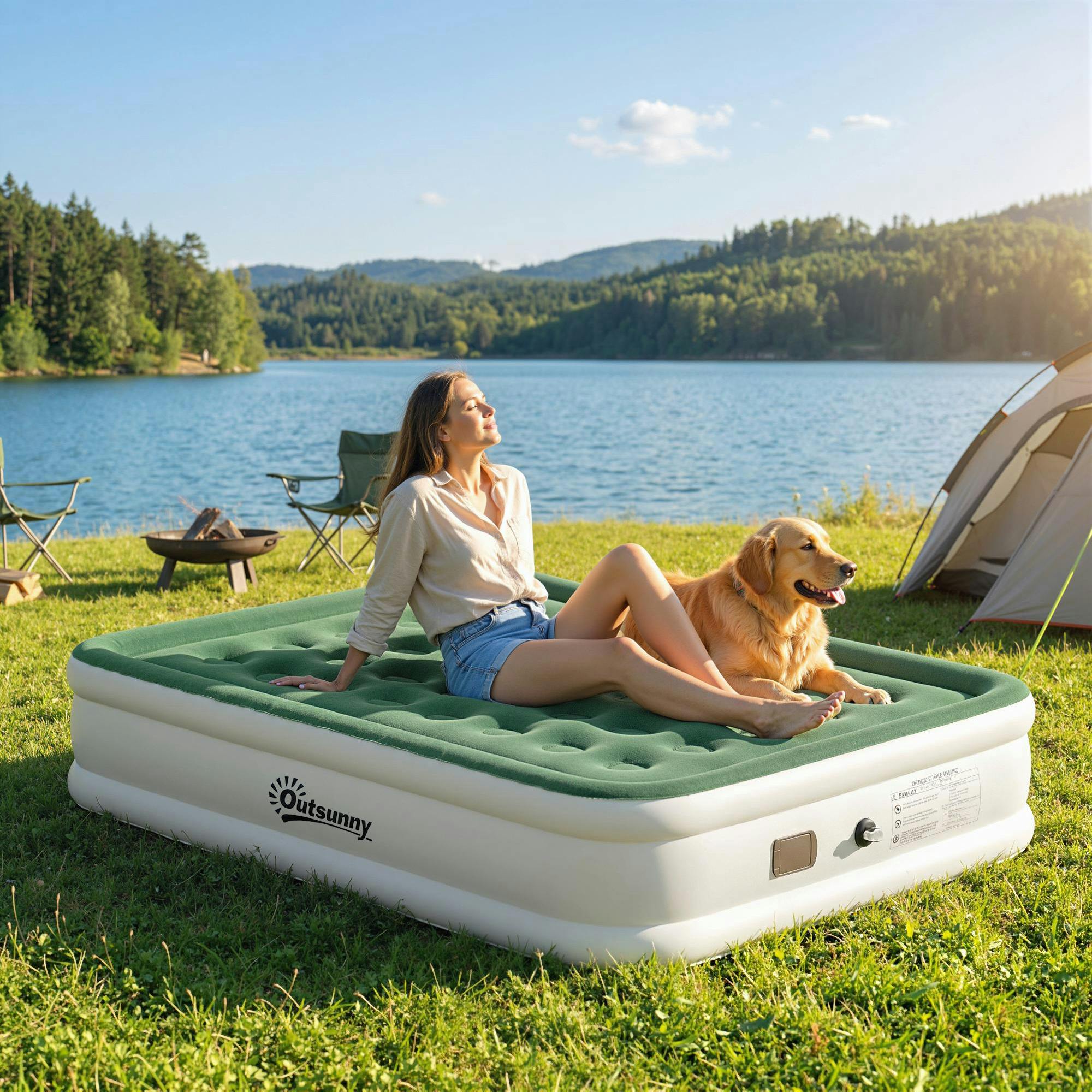 Outsunny Dark/Green Inflatable Mattress, Air Bed With Built-In Pump - 200L X 150W X 39H Cm - 1