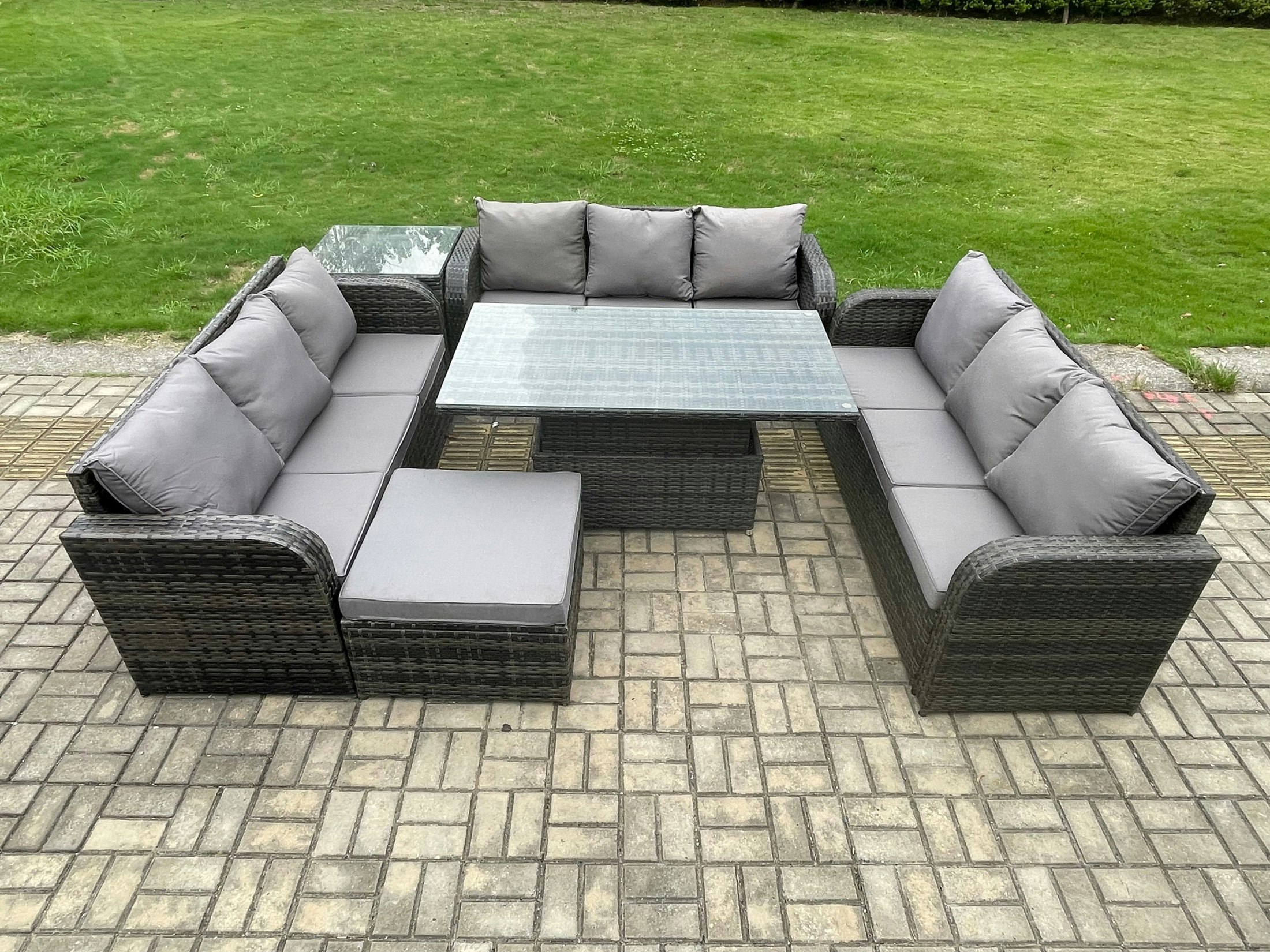 Fimous Dark/Grey Mixed Rattan Outdoor Lounge Set - Height Adjustable Lifting Table & Footstool