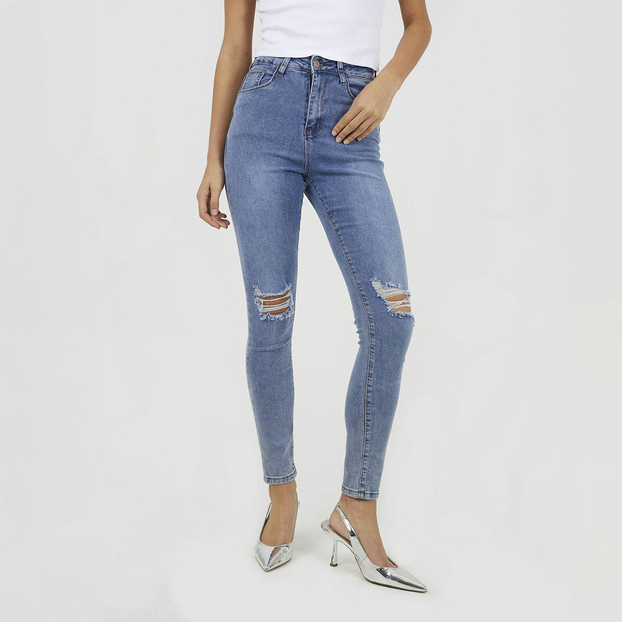 Brave Soul Indigo Ripped Skinny Jeans - 8