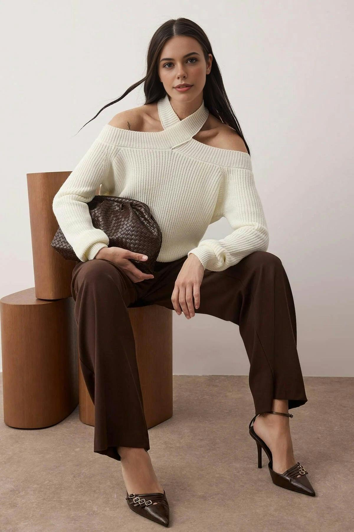 Wovcor Crop Knit Sweater With Collar Detail - Ecru - L