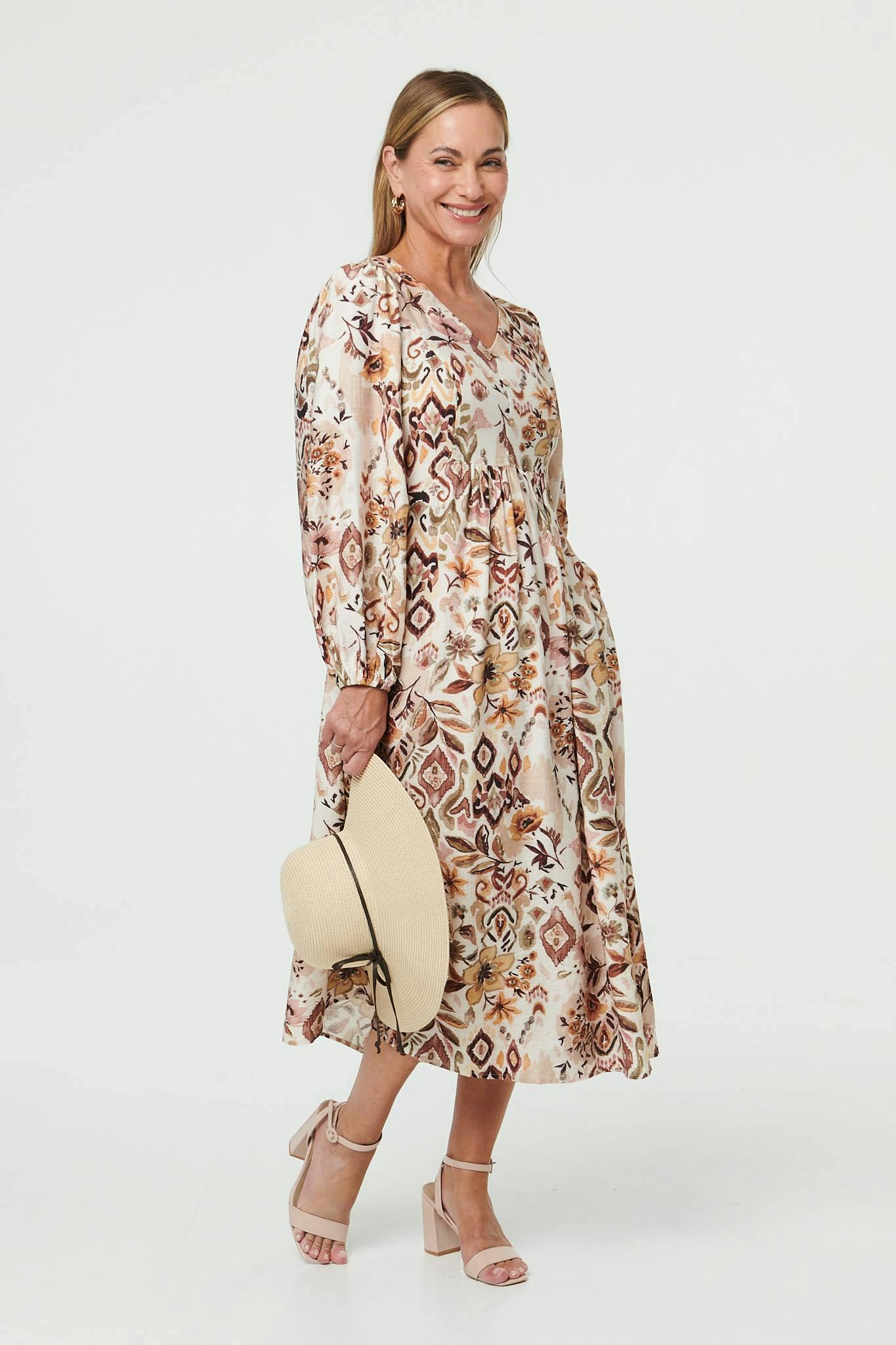 Izabel London Beige Abstract Long Sleeve Relaxed Midi Dress - 8