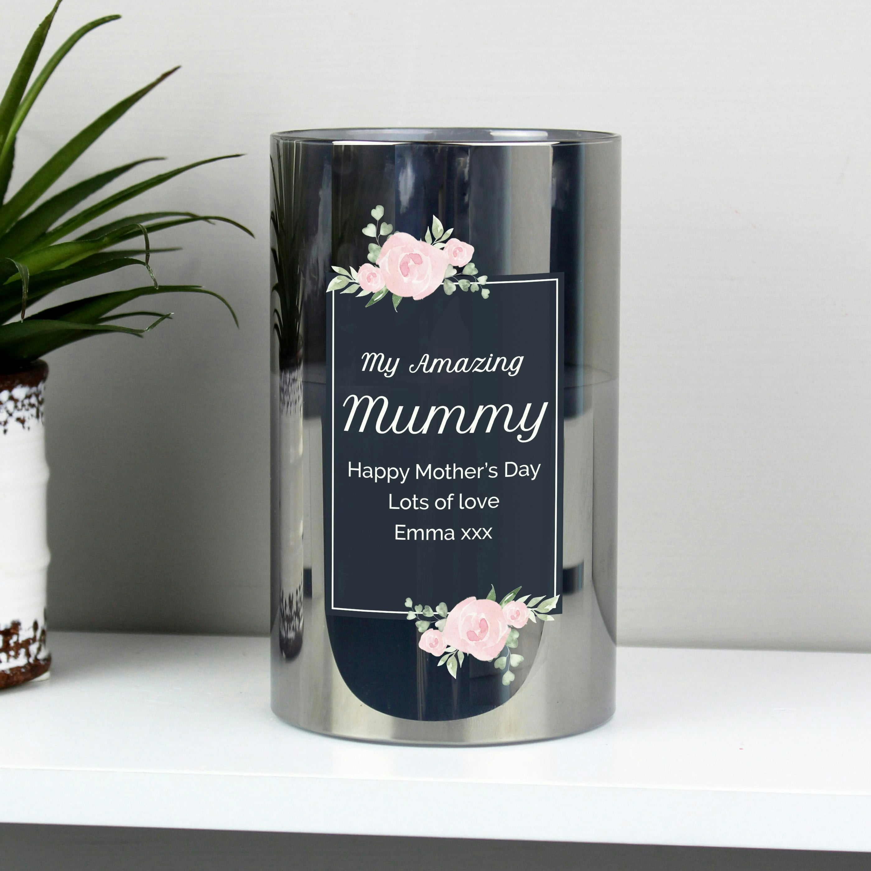 Personalised Memento Company Amber Personalised Floral Smoked Glass Led Candle