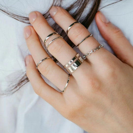 The Colourful Aura Women's Silver 7 Piece Multisize Band Cuff Stackable Boho Ring Set - Image 4