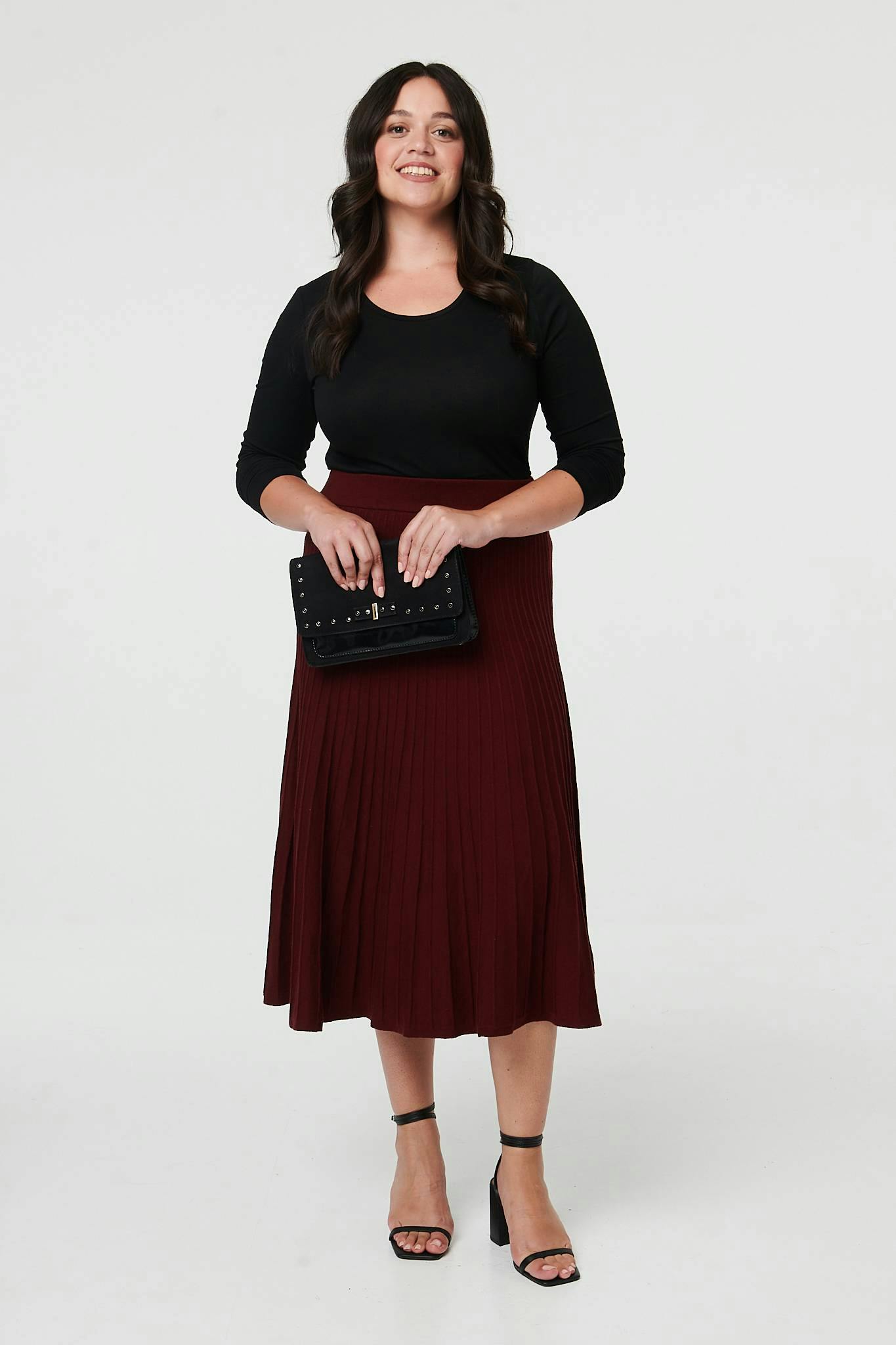 Izabel London Red Curve High Waist Pleated Knit Midi Skirt - 24