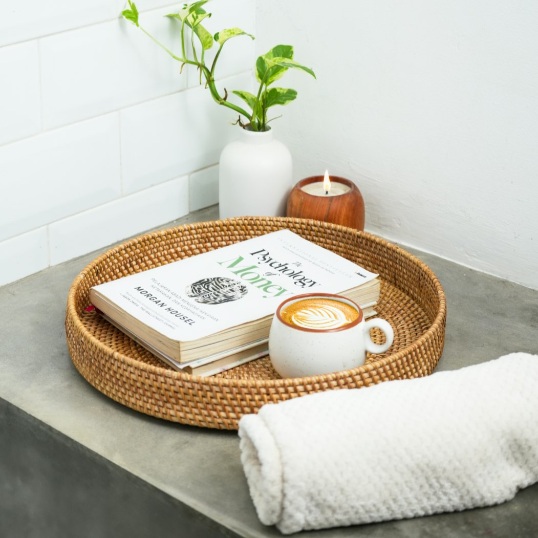 Rackhams White/Brown/Black Round Rattan Display Tray - And Natural - Natural - 30Cm