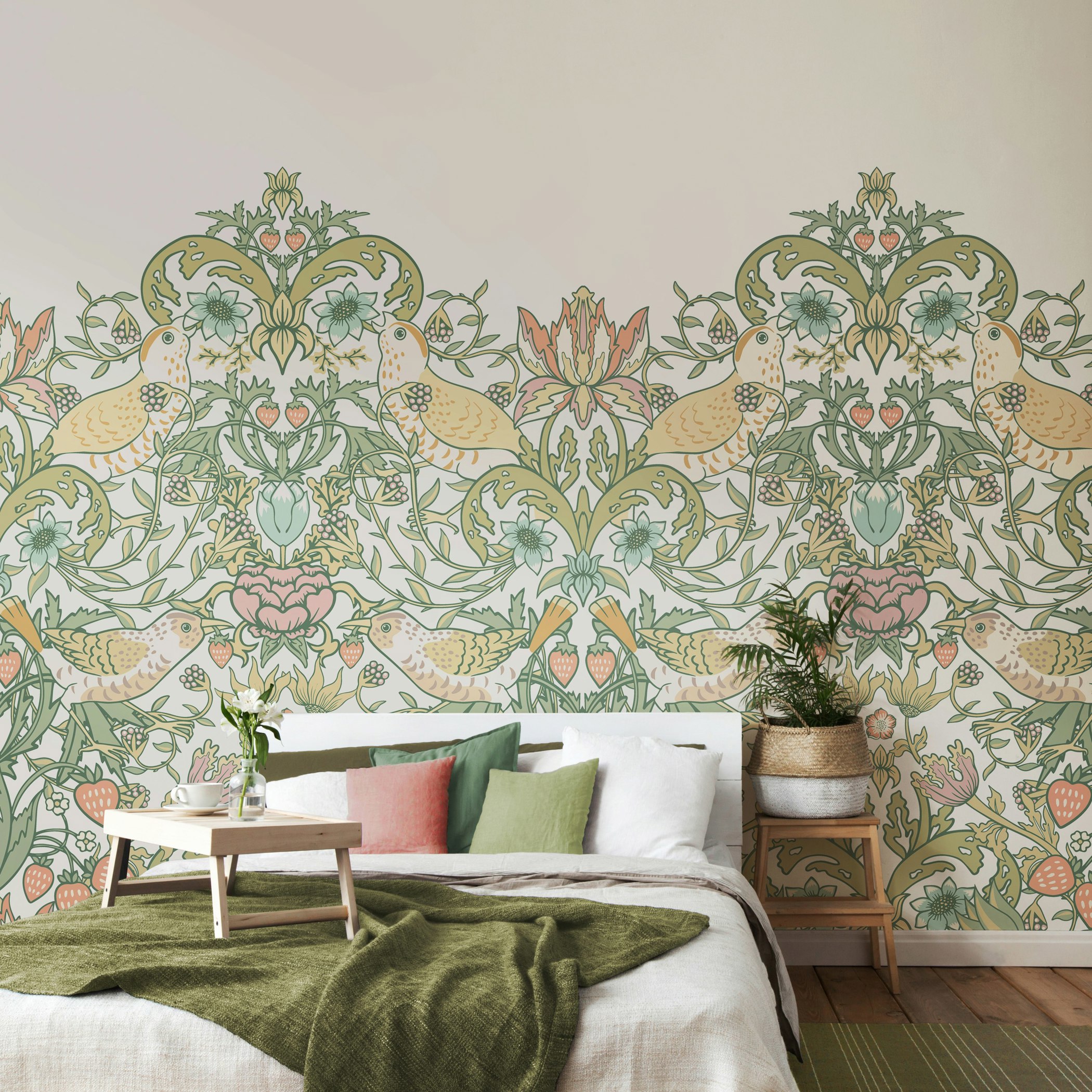 Origin Murals Birds, Fruit And Foliage - Sage And Apricot - Medium - W300cm X H240cm