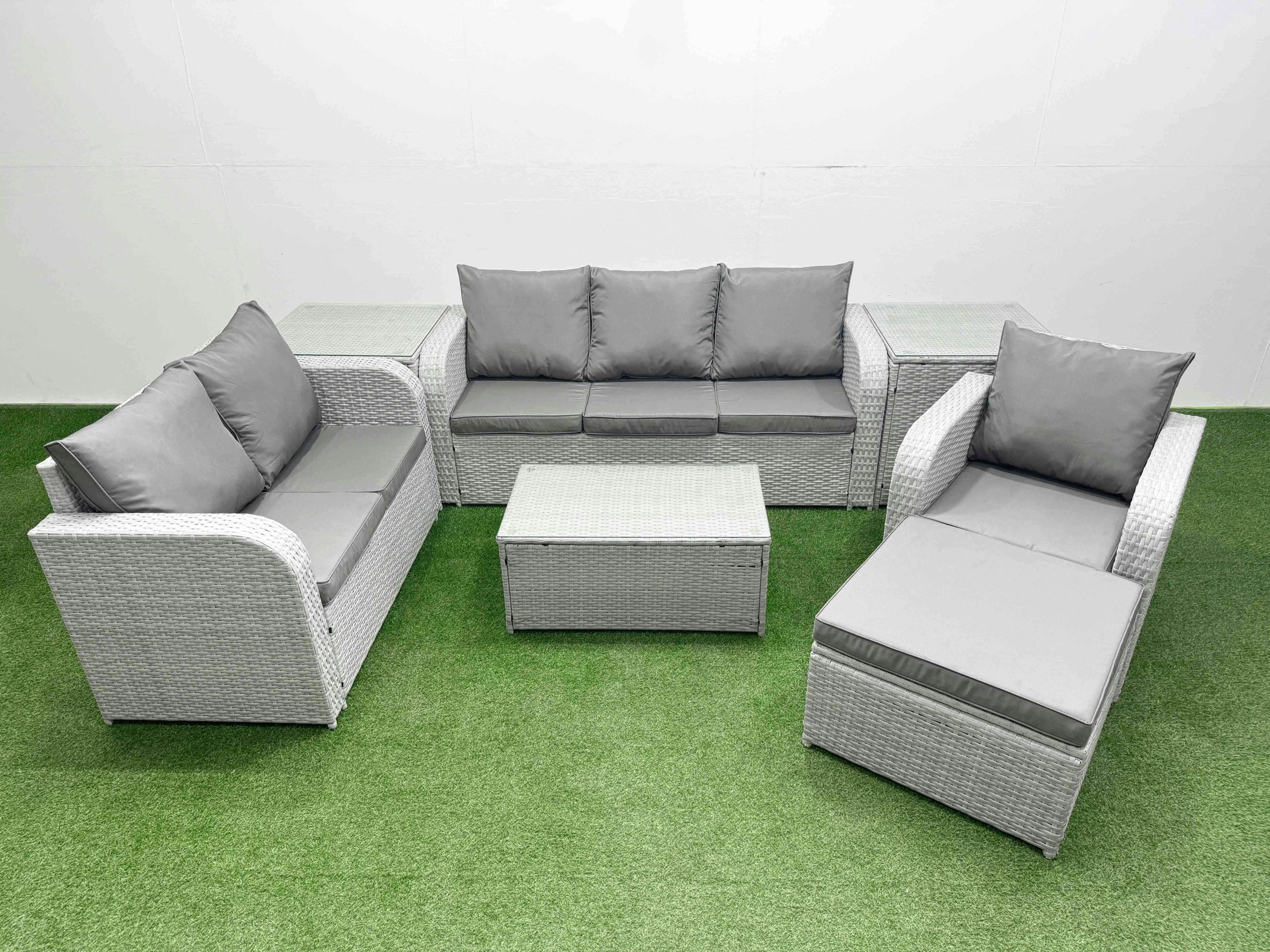Rackhams Light/Grey 7 Seater Wicker Patio Set, Pe Rattan, Coffee Table, Reclining Chair, Loveseat, 3 Seater Sofa, 2 Big Footstools And Side Table,