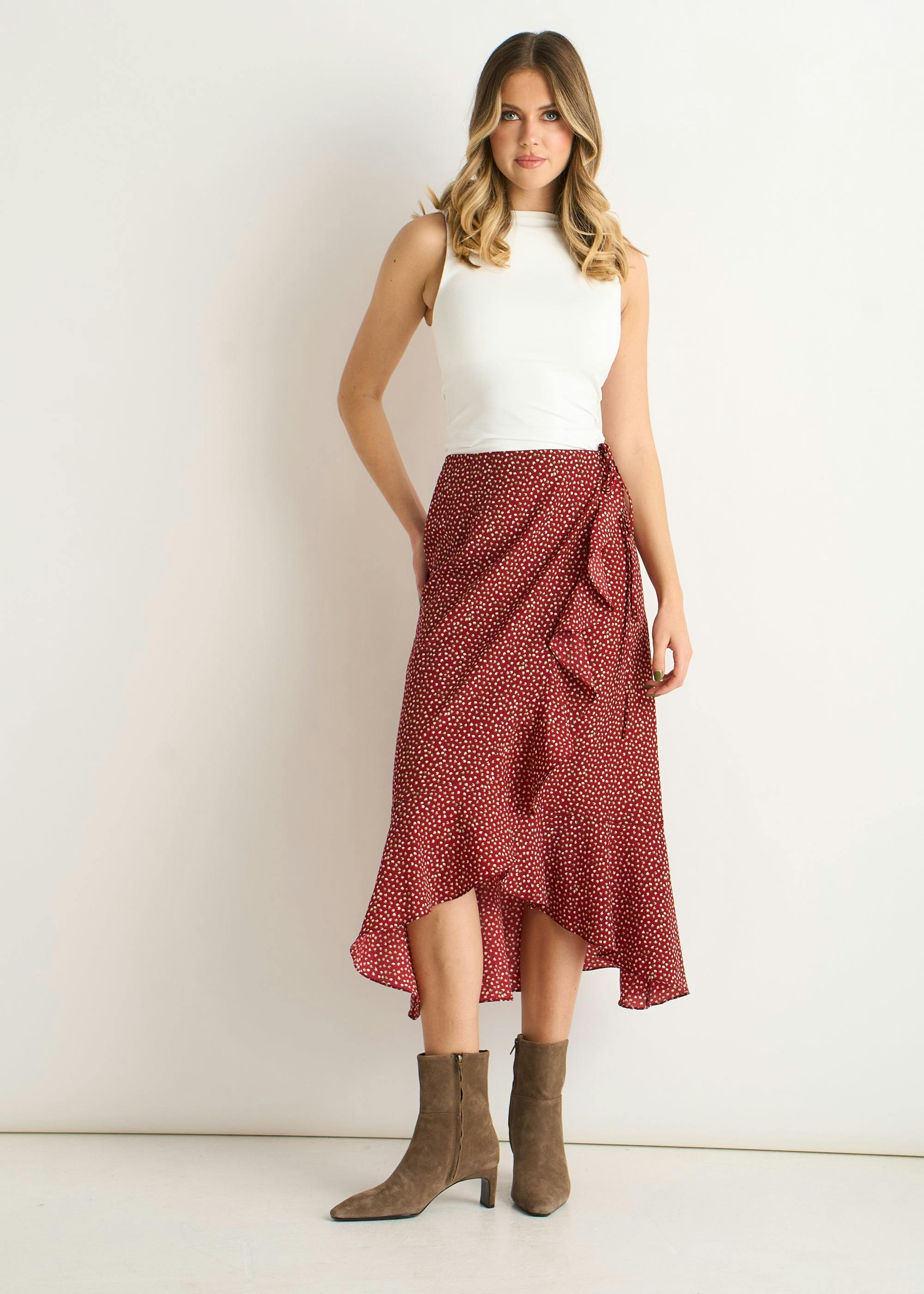 Gini London Red Polka Dot Ruffle Midi Skirt - L-Xl (Uk 14-16/Us 10-12/Eu 42-44)