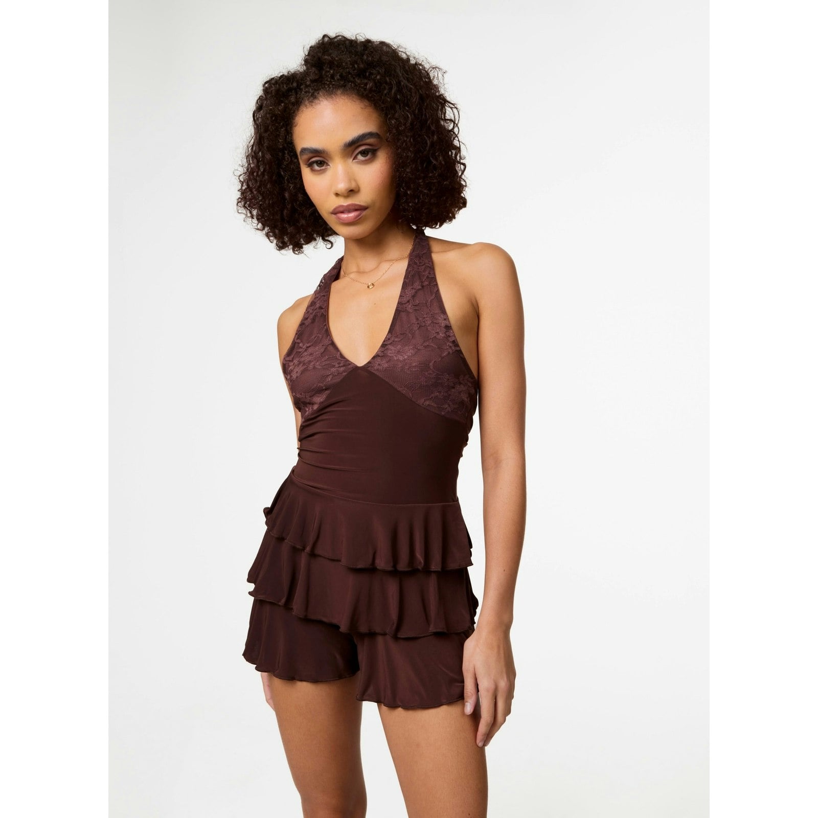 Pink Vanilla Pink/Brown Vanilla Lace Ruffle Playsuit - S