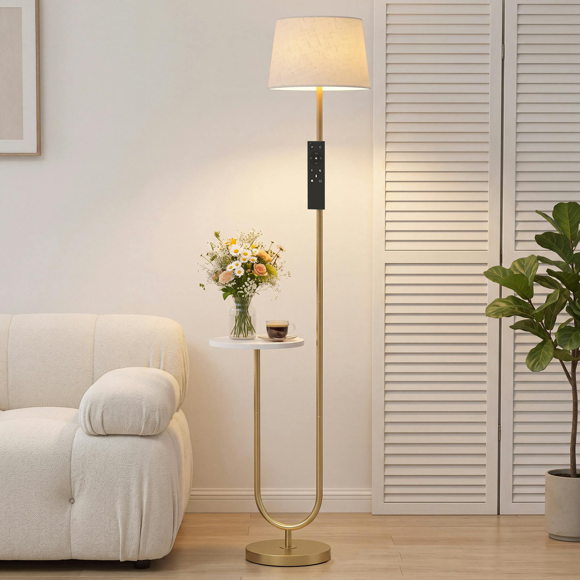 Rackhams Gold Modern Floor Lamp With Shelf, Dimmable Floor Lamp - Tone