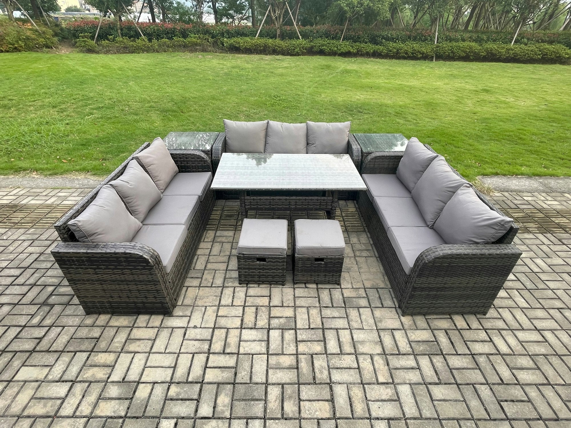 Rackhams Dark/Grey 11-Seater Rattan Outdoor Lounge Set | Oblong Rectangular Dining Table, 2 Footstools, 2 Side Tables
