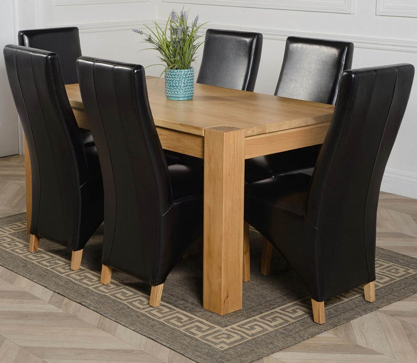 Rackhams Black Kuba Medium Oak Dining Table With Lola Leather Chairs - 6 Chairs