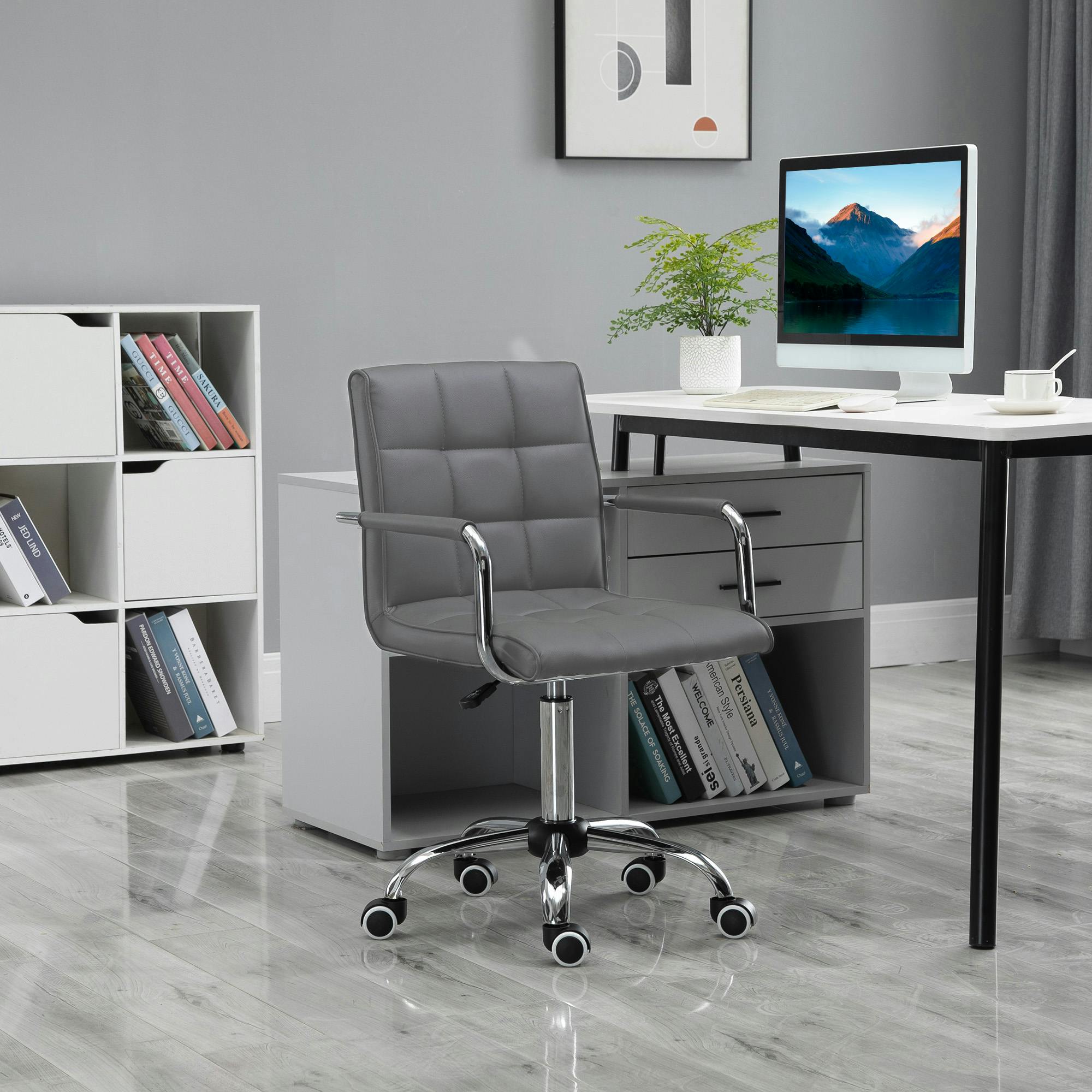 PU Leather Office Chair Swivel Desk Chair with Arms Wheels Grey Mid Back - Image 6