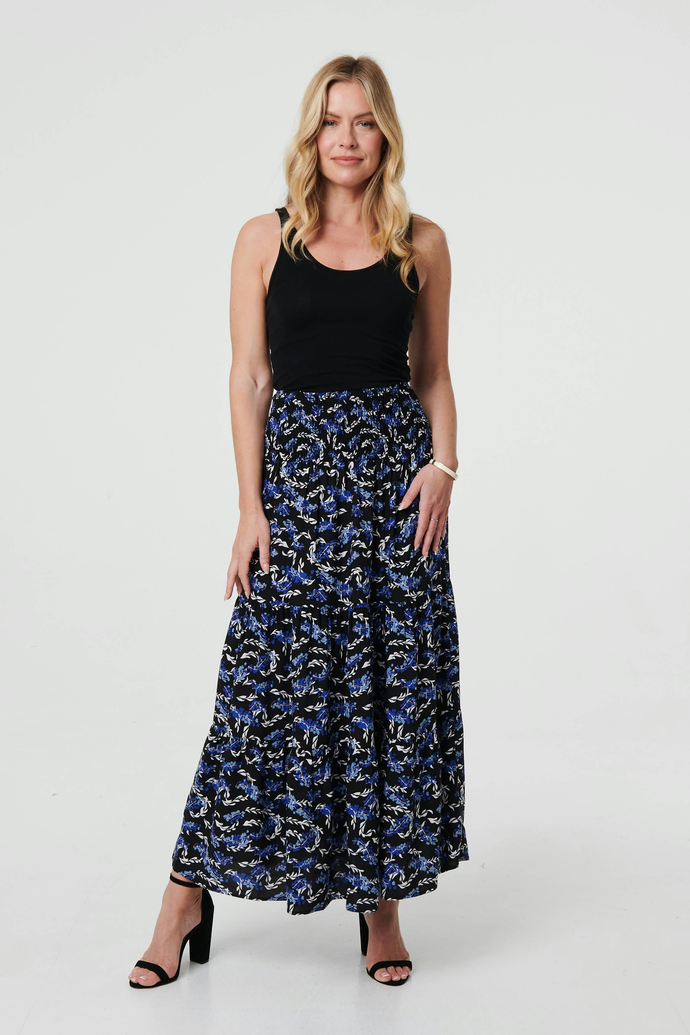 Izabel London Women's Blue Floral High Waist Shirred Maxi Skirt - 10