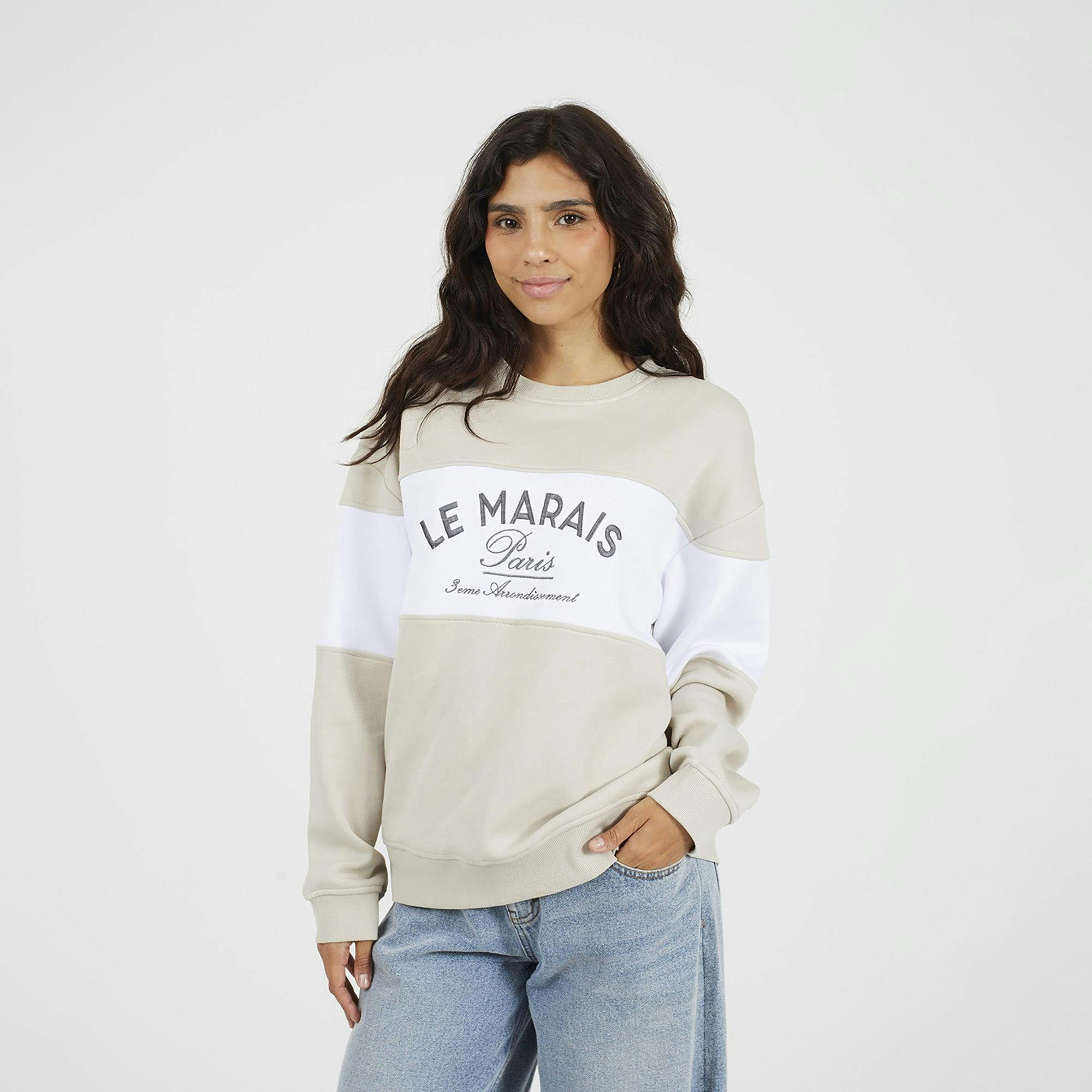 Brave Soul Contrast Stripe Panel Crew Neck Sweatshirt - Stone - Stone - Xs