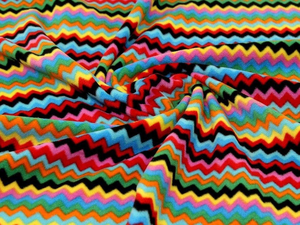 Minerva Core Range Polar Fleece Fabric - Zig Zags Design Dressmaking Fabric, 150 Cm / 60" Wide - Per Metre - Rainbow
