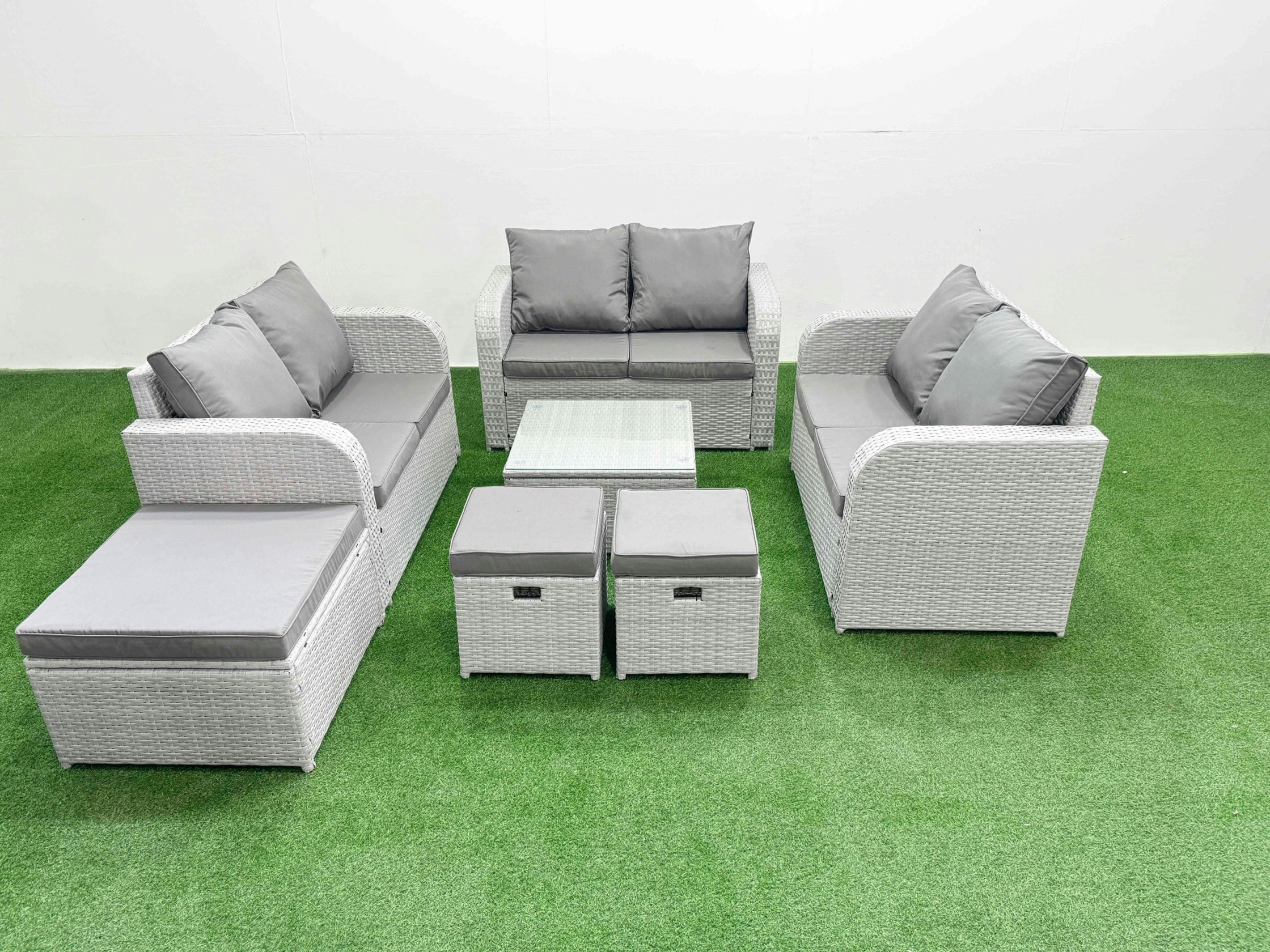 Rackhams Light/Grey 9 Seater Pe Wicker Rattan Furniture Sofa Sets With Square Coffee Table 2 Seater Love Sofa 3 Stool
