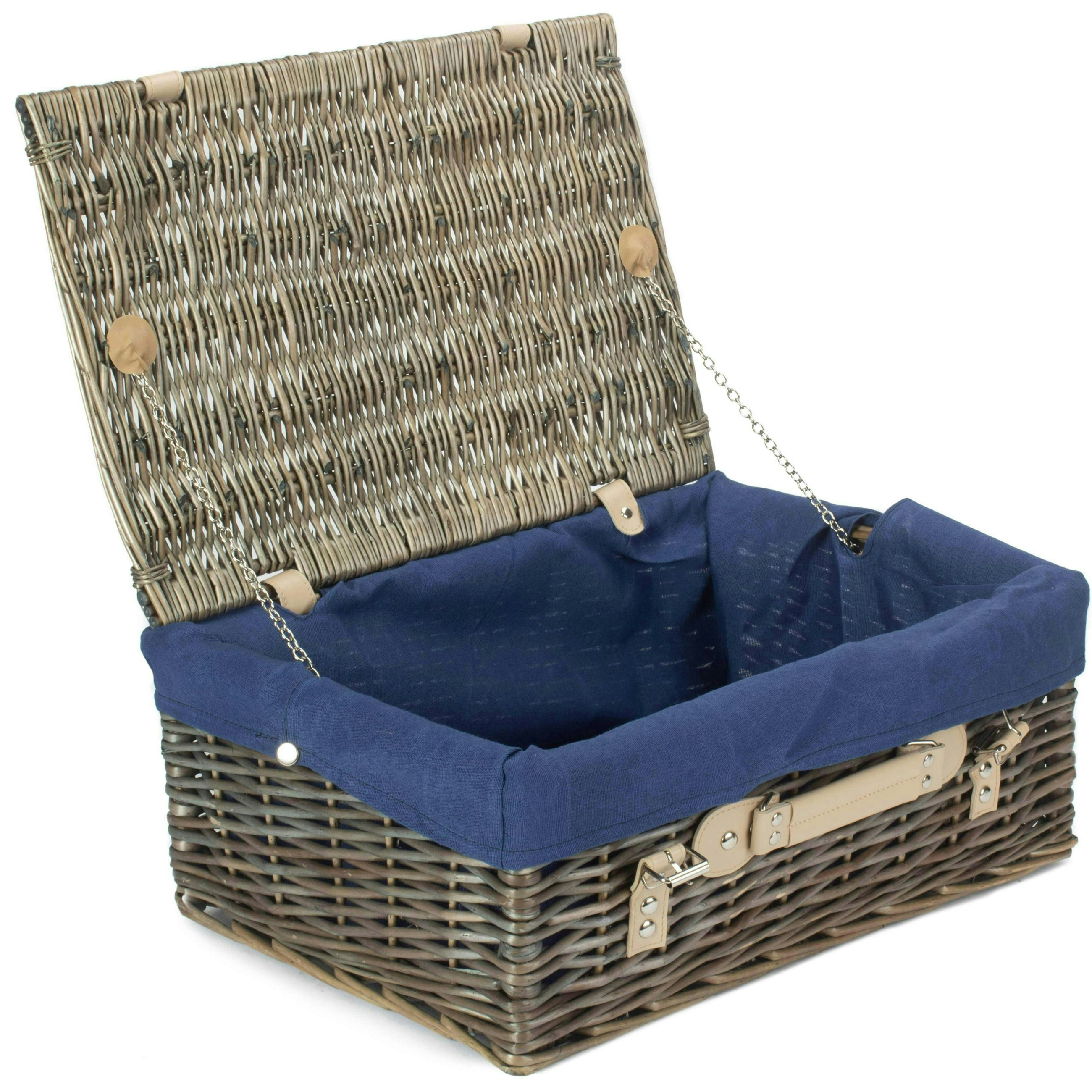 Rackhams Blue 46Cm Antique Wash Wicker Picnic Basket With Cotton Lining