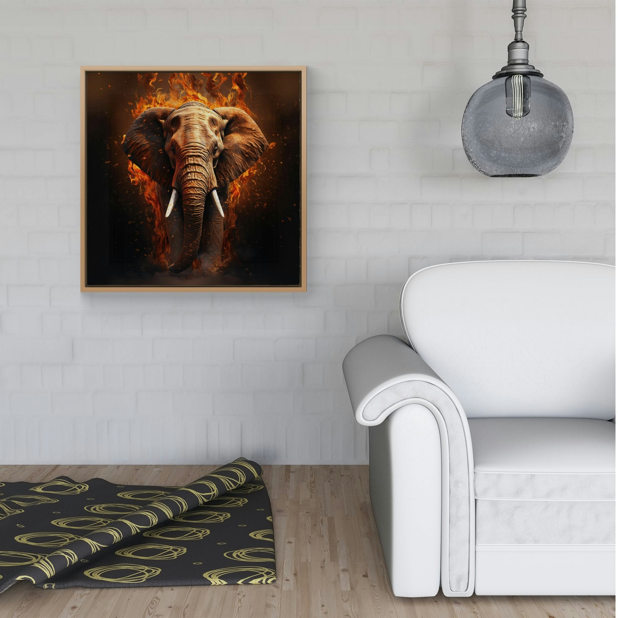 Rackhams Black/White Splash Art Elephant And Fire Framed Canvas - 40" X 40" - Pine