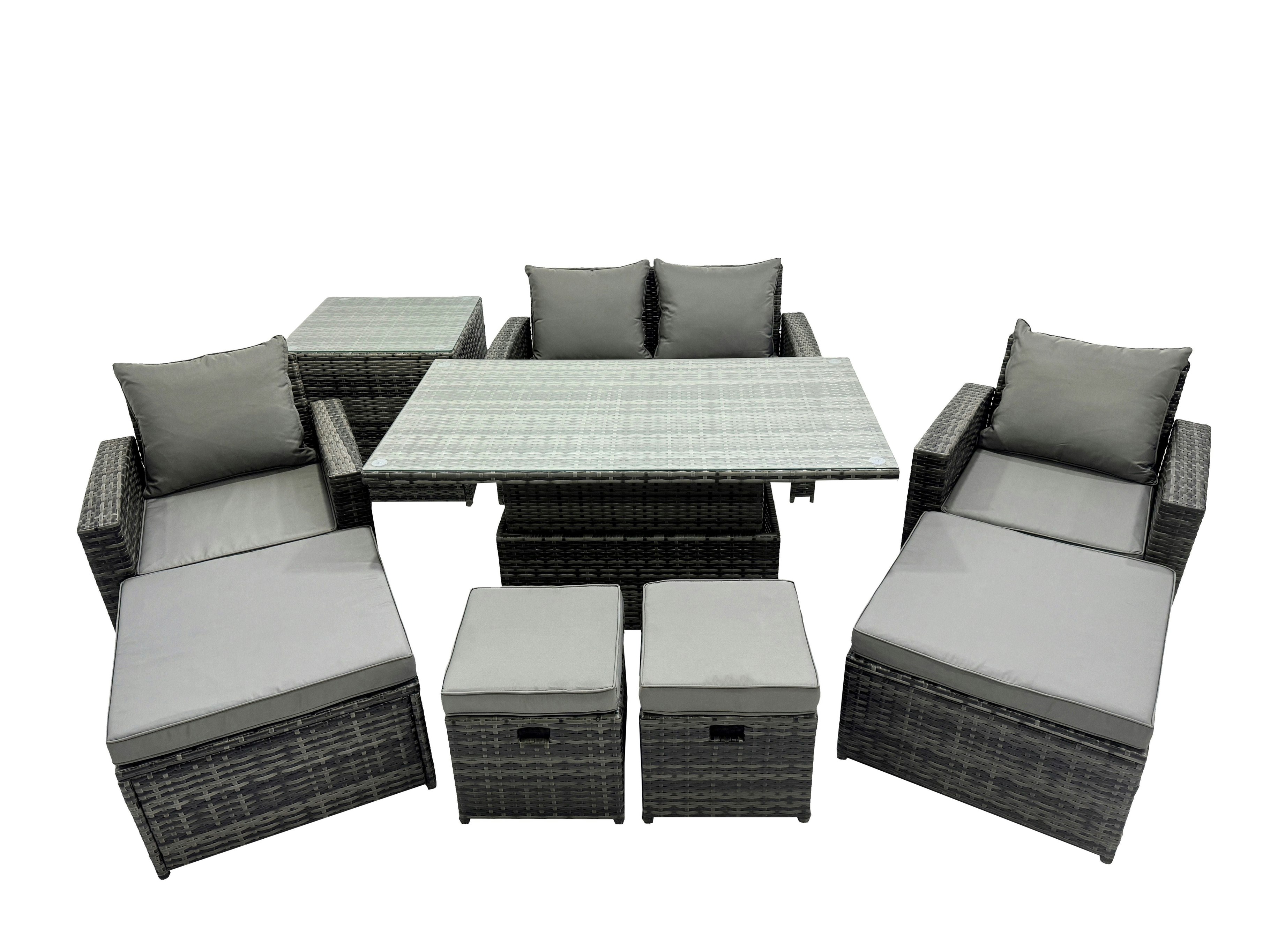 Fimous Dark/Grey 8 Seater Rattan Garden Furniture Set With Adjustable Dining Or Coffee Table, 4 Stools, 2 Chairs & 1 Side Table