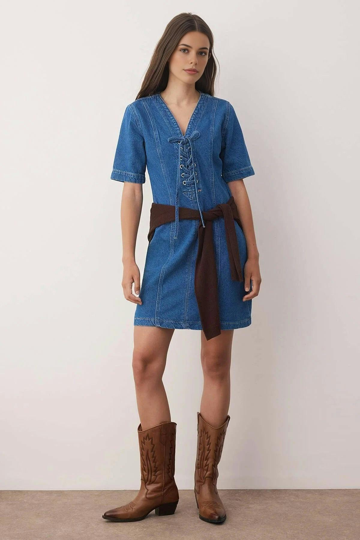 Wovcor Blue Eyelet Detail Mini Denim Dress - 6