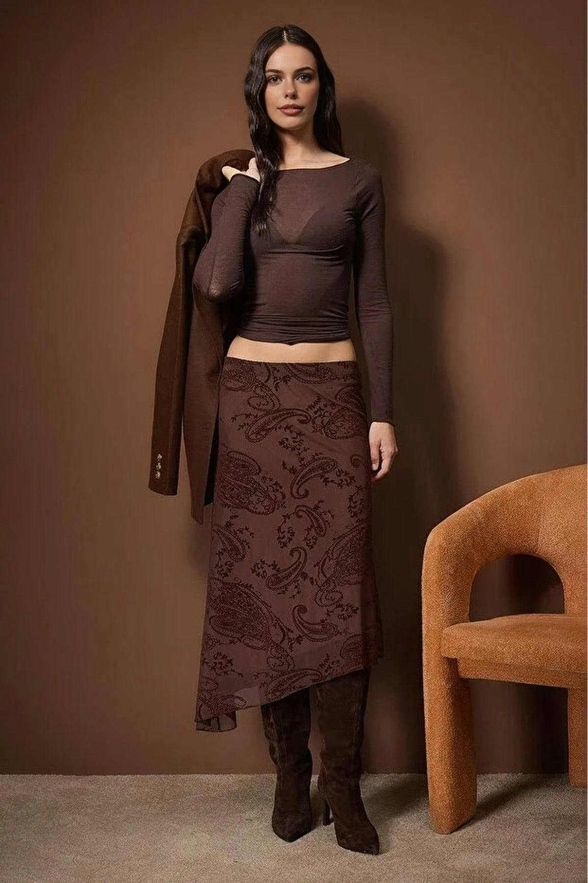 Wovcor Asymmetrical Skater Stretch Tulle Knit Skirt With Flock Print - Multi - L