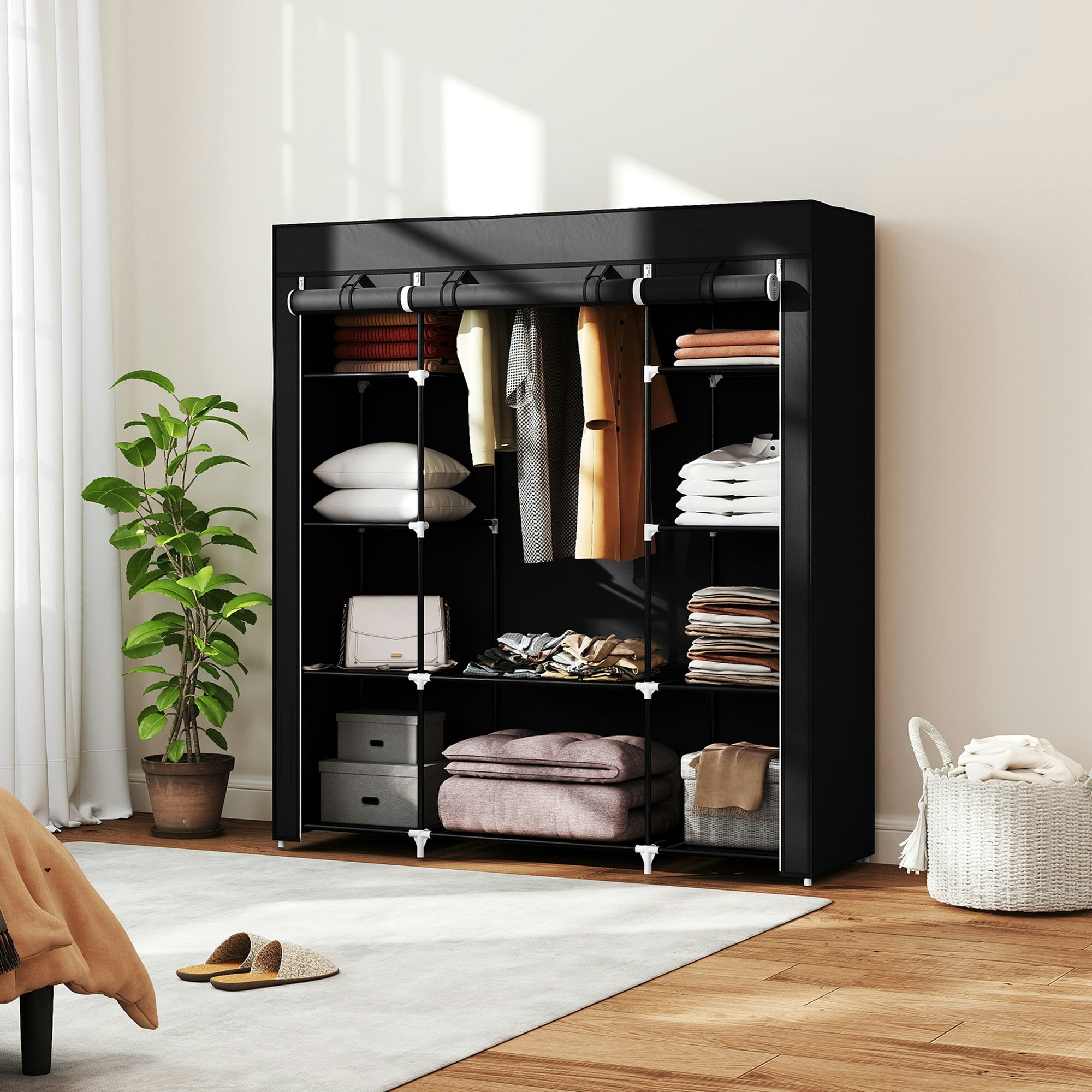 Rackhams Fabric Wardrobe With 10 Shelves 1 Hanging Rail Foldable Closets