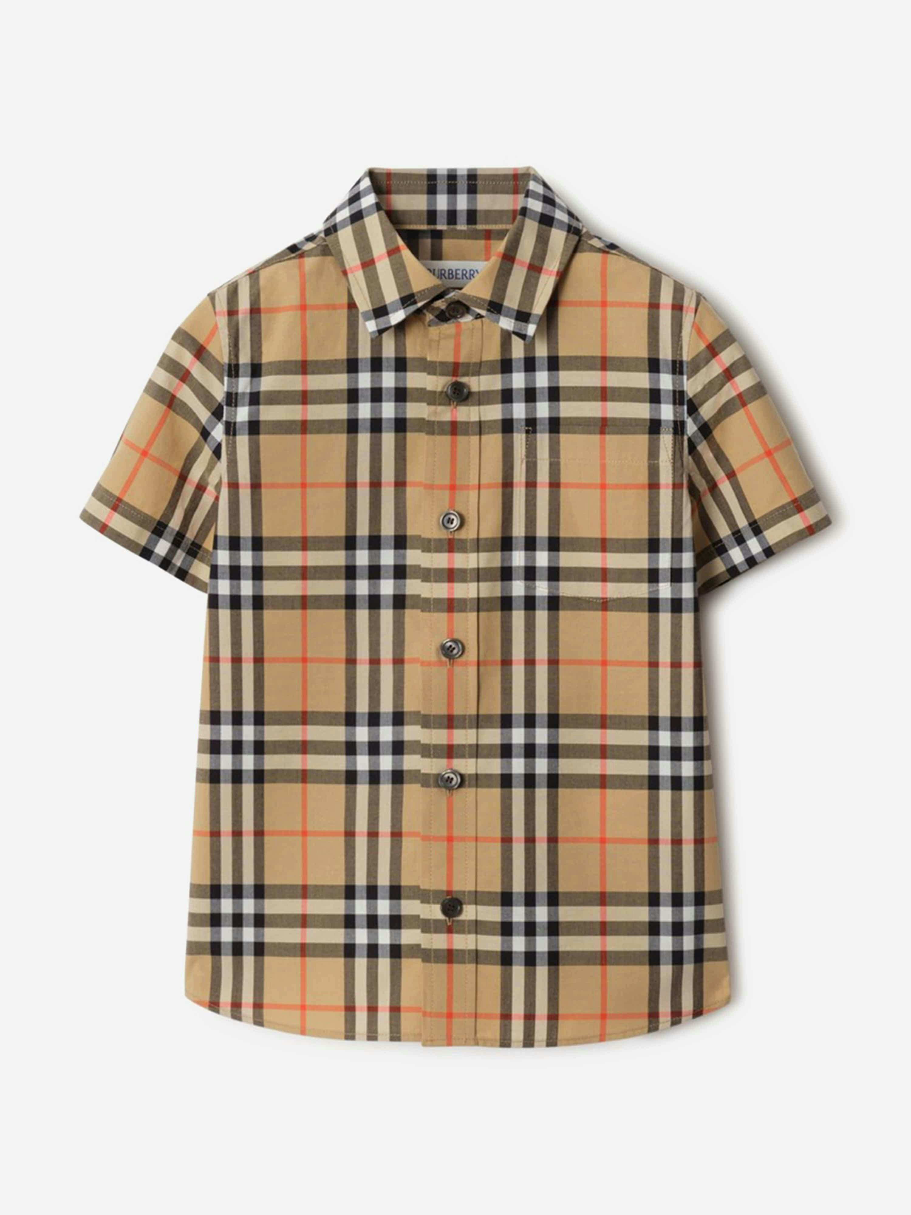 Burberry Kids Boys Beige Burberry Owen Short Sleeve Check Shirt In - Camel - 14 Yrs