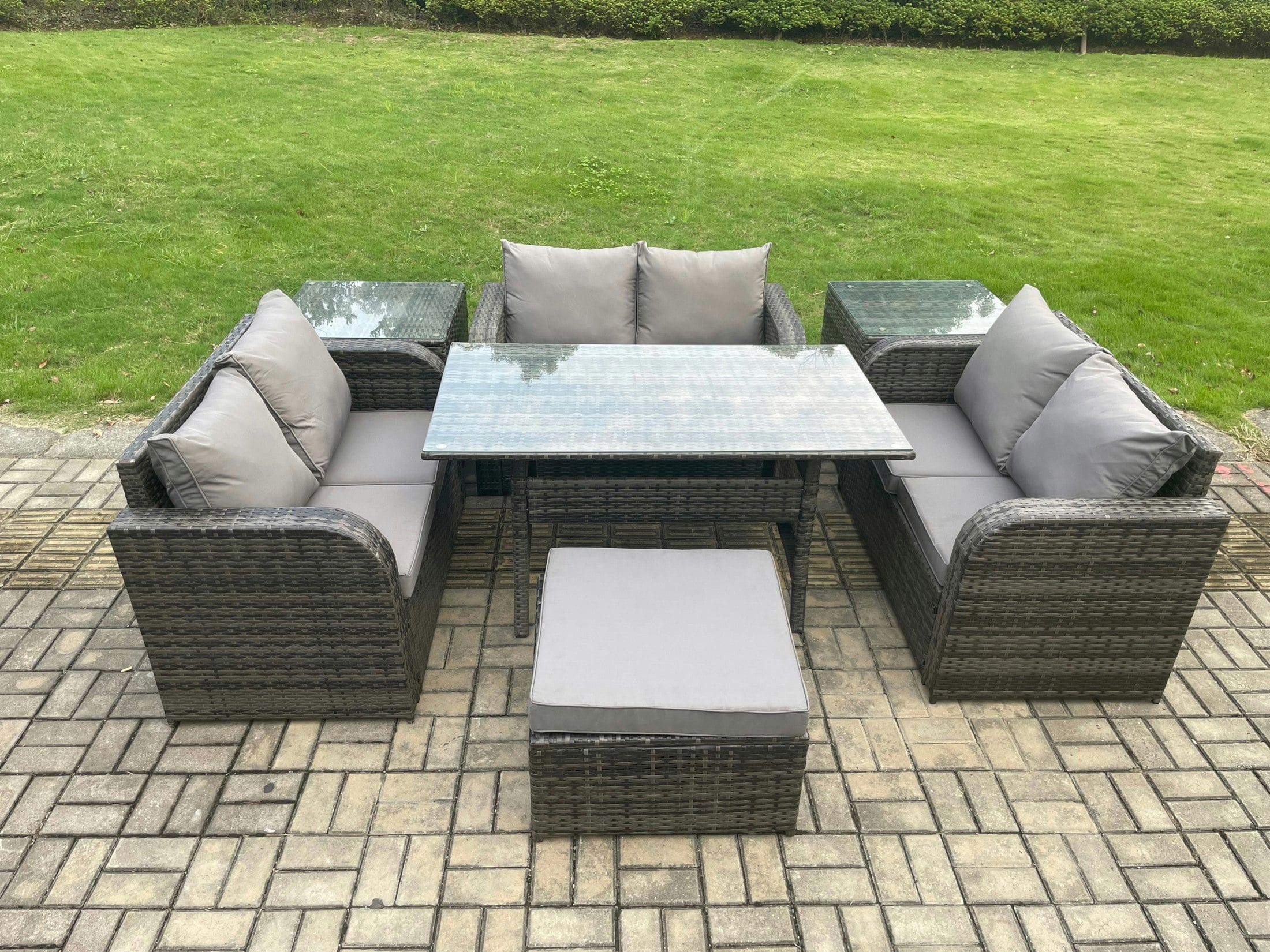 Rackhams Dark/Grey 7 Seater Outdoor Rattan Garden Furniture Set With Patio Rectangular Dining Table Love Sofa 2 Side Tables Big Footstool Mixed