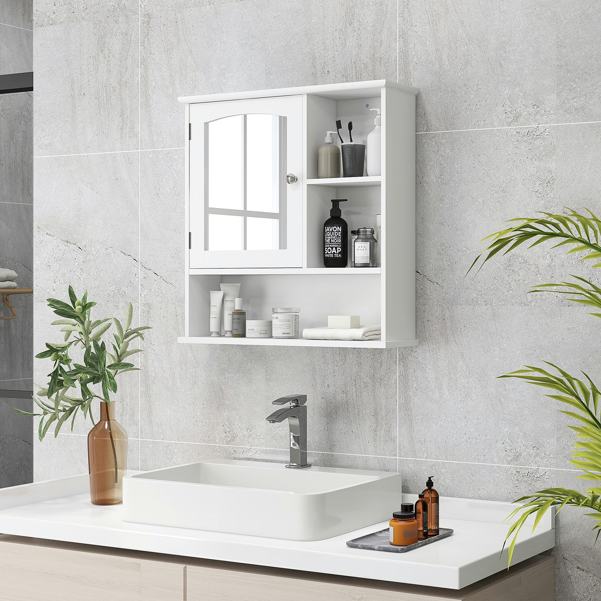 Rackhams Wall Mounted Bathroom Mirror Glass Storage Cabinet Cupboard With Shelf